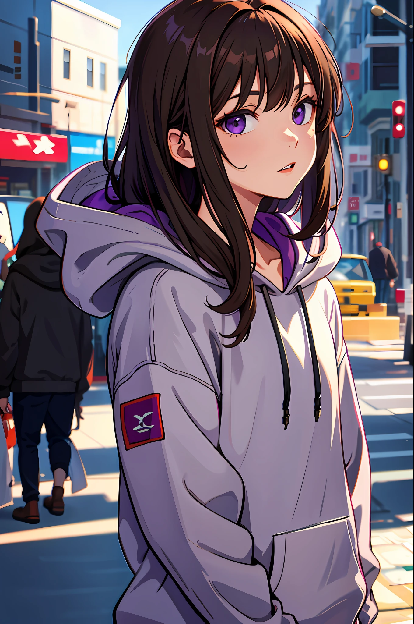 highres, highest quallity, illustration,  grey hoodie, brown hair, purple eyes