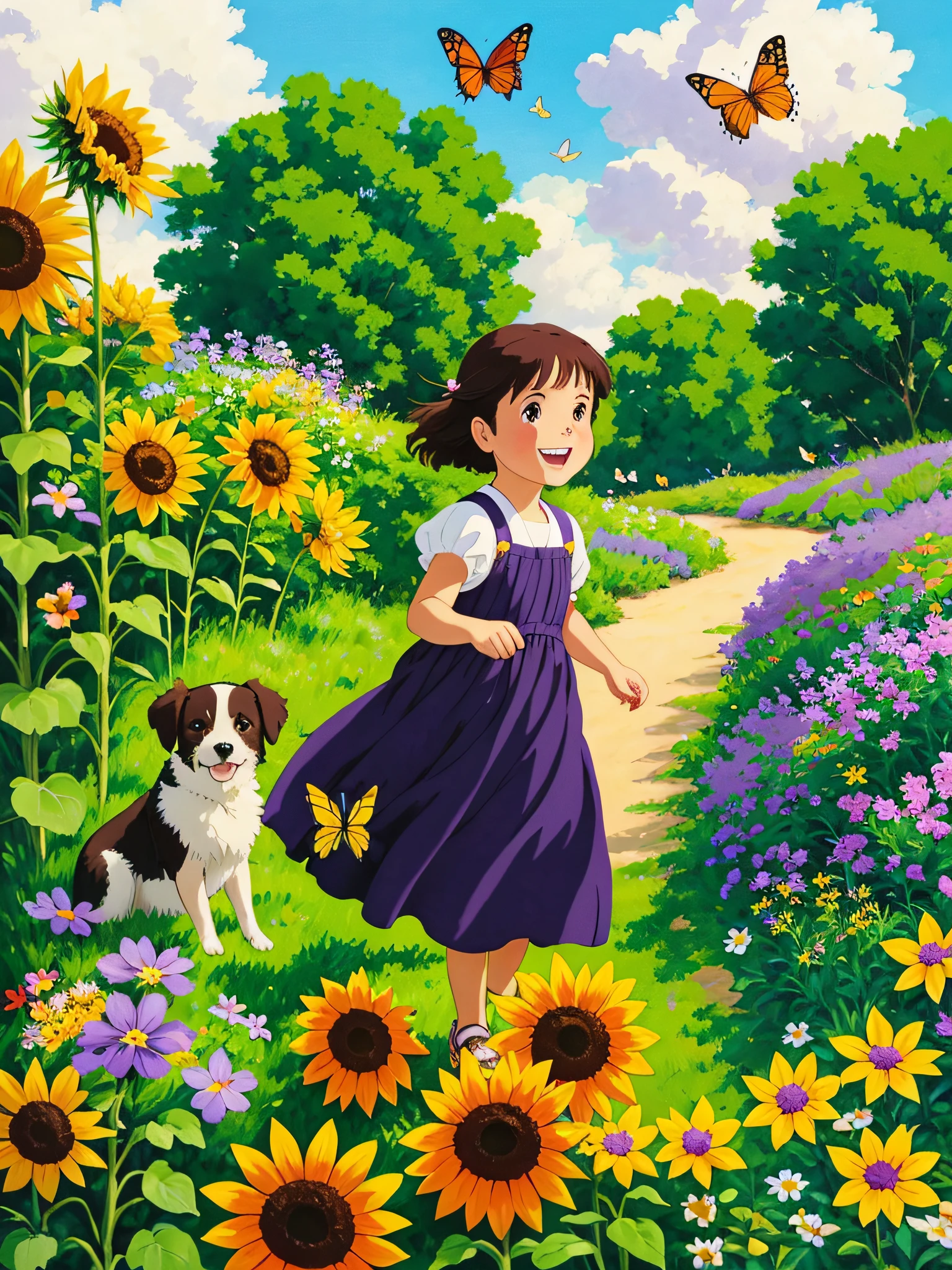 Close-up purple flowers, yellow sunflowers in the distance, summer, white clouds, 1 girl fluttering butterfly, innocent cute, happy laughter, 1 dog running happily, model shooting style, (very detailed CG unified 8k wallpaper), full-body photo of the most beautiful artwork in the world, Waterhouse, John Constable, Ed Blinkey, Atey Ghailan, Studio Ghibli, Jeremy's professional majestic impressionist oil painting Mann, Greg Manchess, Antonio Moro, trends on the art site, trends on CGSociety, complex, high detail, dramatic, trends on the art station, trends on the CG association, anime scenes, landscapes, summer, white clouds, purple flowers, high detail, super detail, super high resolution, a lot of small animals, happy, happy, enjoy their time, surrounded by the beauty of nature, warm sunlight shines on her, wildflowers gently sway in the breeze, Butterflies and birds flutter around her, adding to the playful atmosphere, high detail,