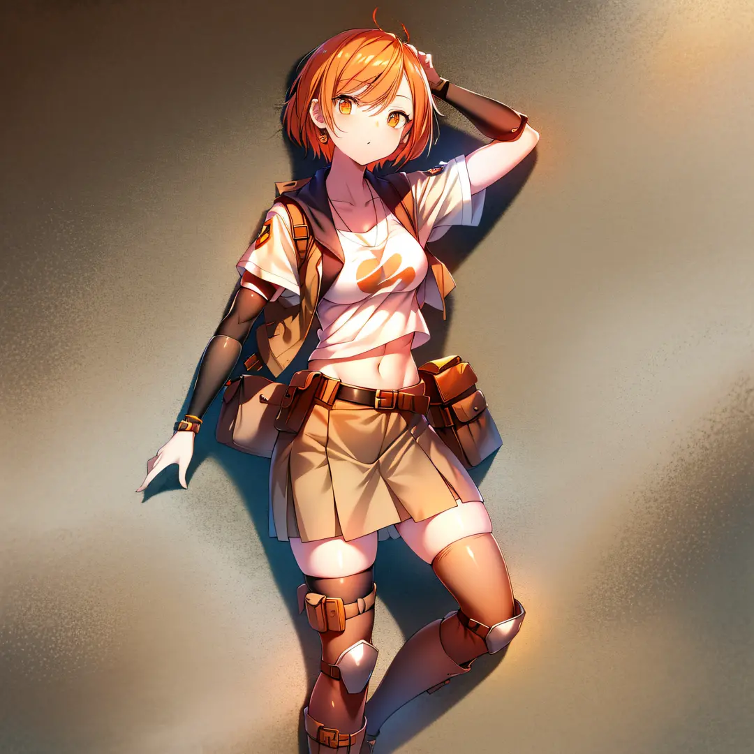 orange eyes light,richly faded light orange hair, anime 1girl, khaki t-shirt, khaki skirt, brown military boots, pouch on the wa...