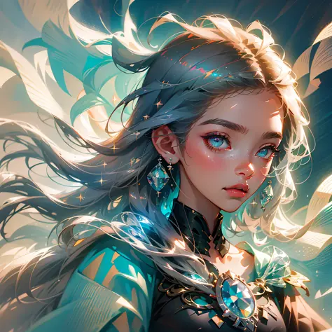 A young girl with deep ocen eyes, digital illustration, background is ocean with a little ship and bird flying in the sky, grey hair, crystal earrings, light smile, Fujicolor, masterpiece, super detail, high details, UHD, masterpiece, best quality, highres...