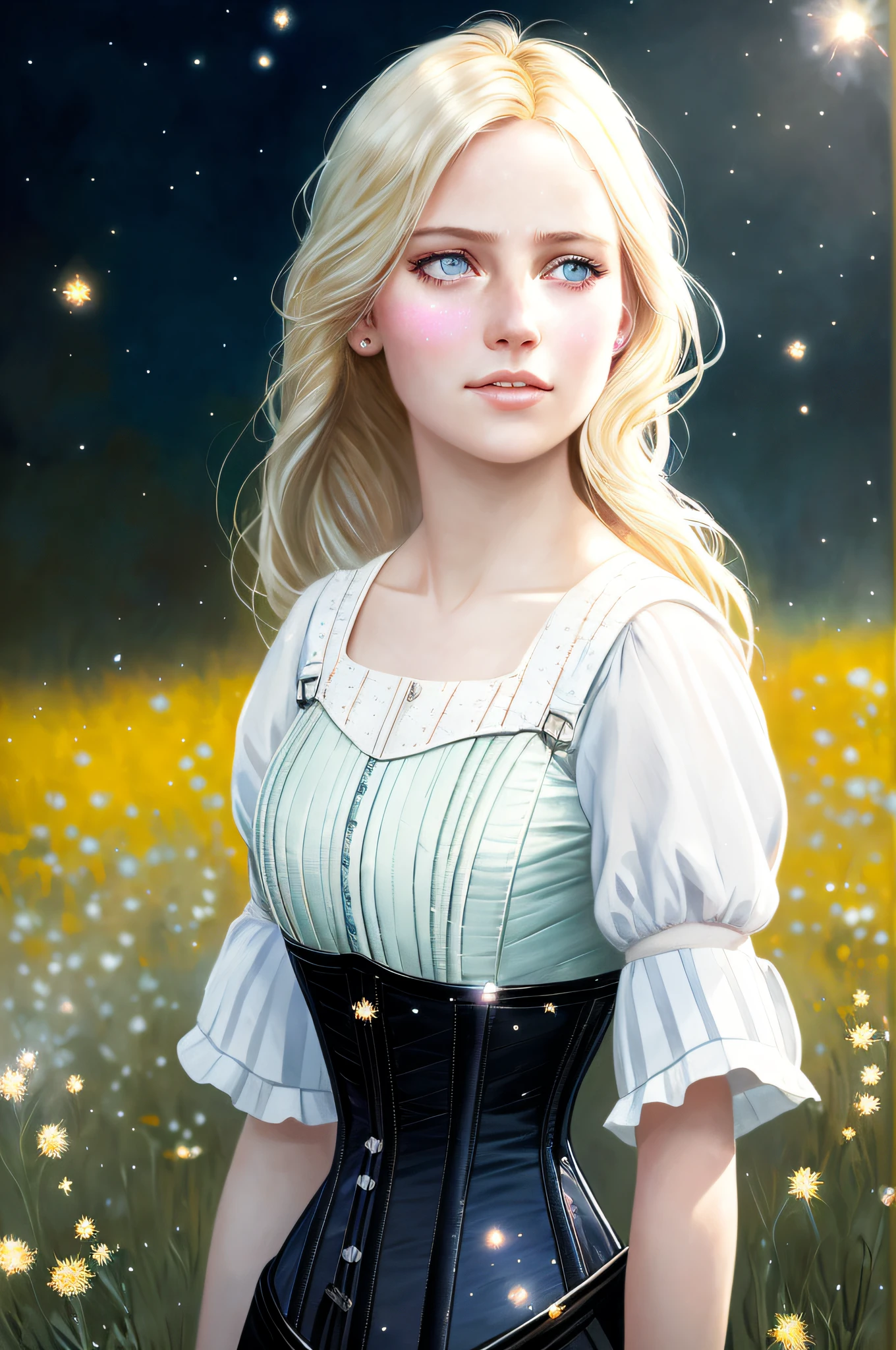 Primer retrato de una linda rubia Elsa en un campo ventoso brillante, (contraluz), Realista, obra maestra, de la máxima calidad, ((corsé)), ((avergonzado)),  charco, Destello de lente, sombra, floración, ((destellos de luz)), [aberración cromática], por Jeremy Lipking, por Antonio J. Manzanedo, por (Alphonse Mucha), pintura digital