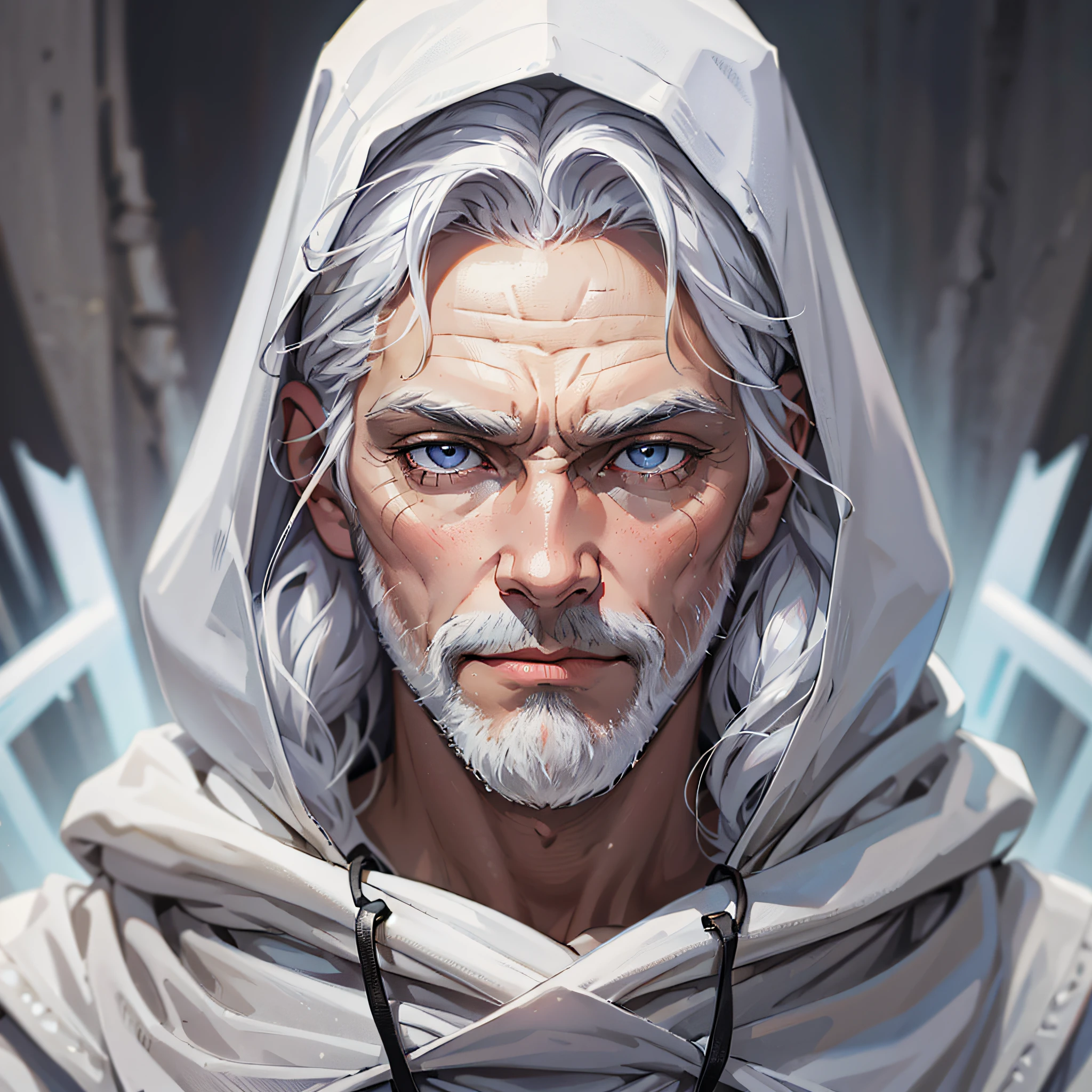 Portrait Rpg, close-up, Race: Human, Gender: Male, Male; Age: 50 years; Eyes: completely white without irises; Skin color: Frozen skin, Hair: Light gray, Physique: slim build, Facial features: White beard and various Cicatrix, Expression: Determined look, Equipment: white linen clothing with hood, Background: Ice, (Masterpiece, best quality, high: 1.4), detailed, intricate details, 4K, splashes of color, line art, fibonacci