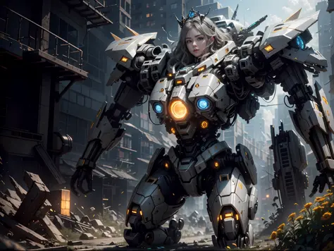 ((Best Quality)), ((Masterpiece)), (Very Detailed: 1.3), 3D, Shitu-mecha, Beautiful cyberpunk woman wearing crown with her mecha in ruins of a city in forgotten war, long silver hair, sci-fi technology, HDR (High Dynamic Range), ray tracing, nvidia RTX, su...