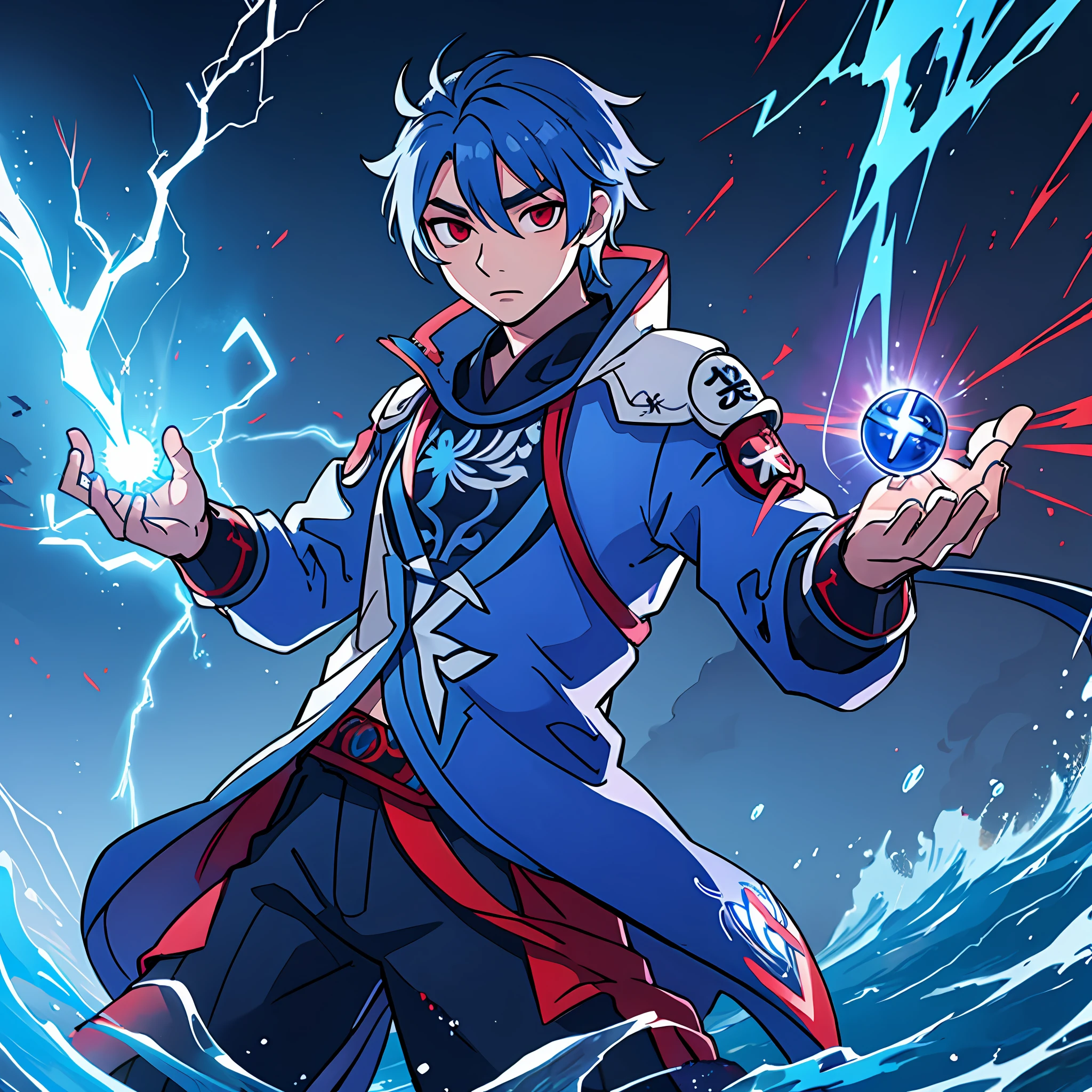 Modelo de impacto Genshin, macho, cabelo azul, olhos vermelhos, efeito de água na tela, Roupas superiores, fundo mágico, poderes relâmpagos --auto --s2