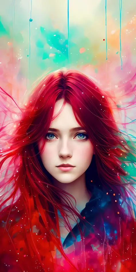 A woman by Agnes Cecile, red hair, abundant wavy hair, luminous design, pastel colors, ink drops, autumn lights, rose background