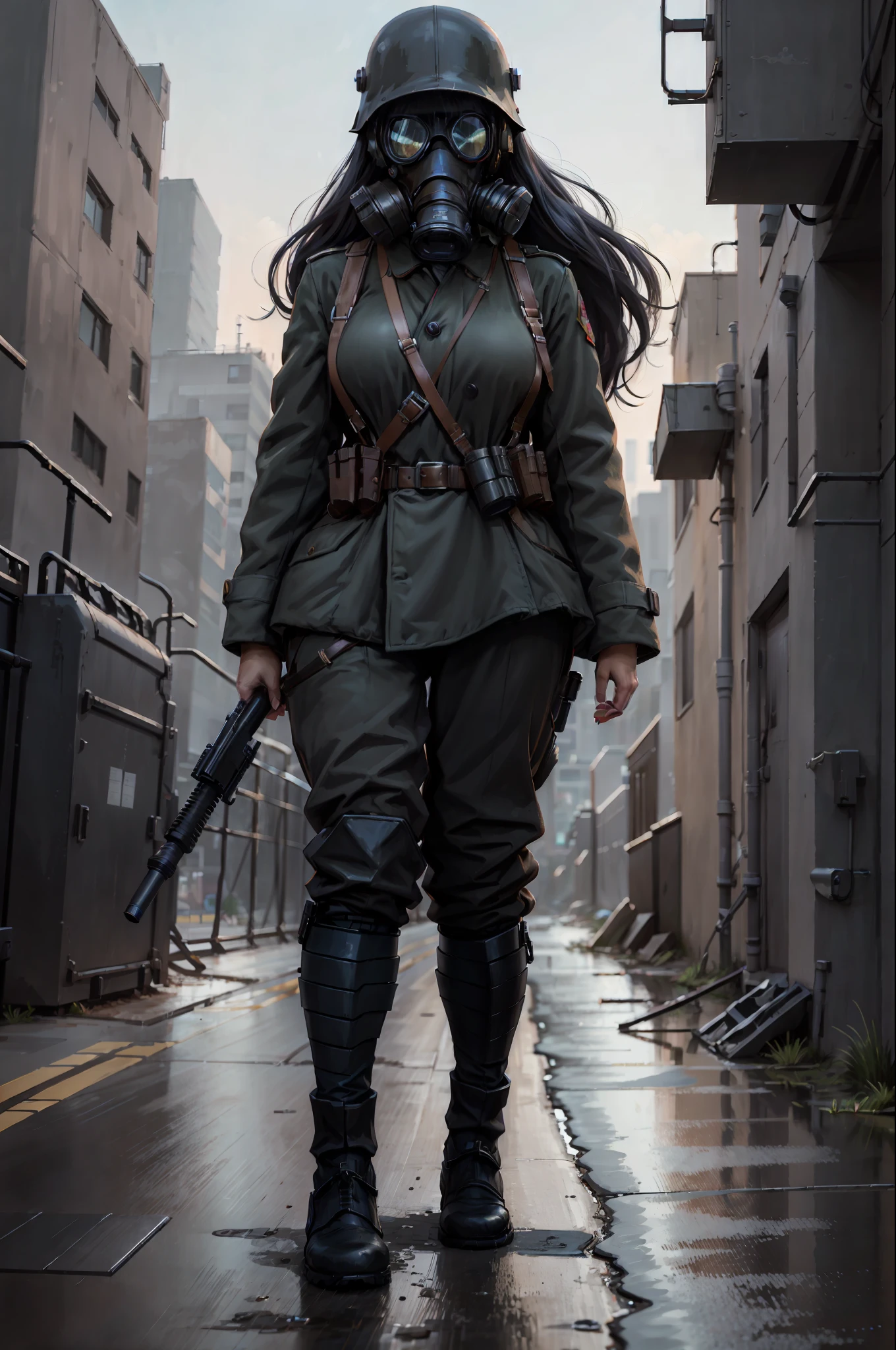 (4k,ultra detailed:1.2),(anime:1),illustration,(photorealistic:1), (solo:1.2),(standing),(full_body:1.2), (single background,:1.4), (landscape), (a woman with beautiful curves), cyberpunk aesthetics, a cyberpunk city bustling with neon signs, night, mushroom cloud, (gas mask, holster, overcoat, pants charge: 1.2), (supermodel: 1.4), (wide hips: 1), (black hair), ww1ger,