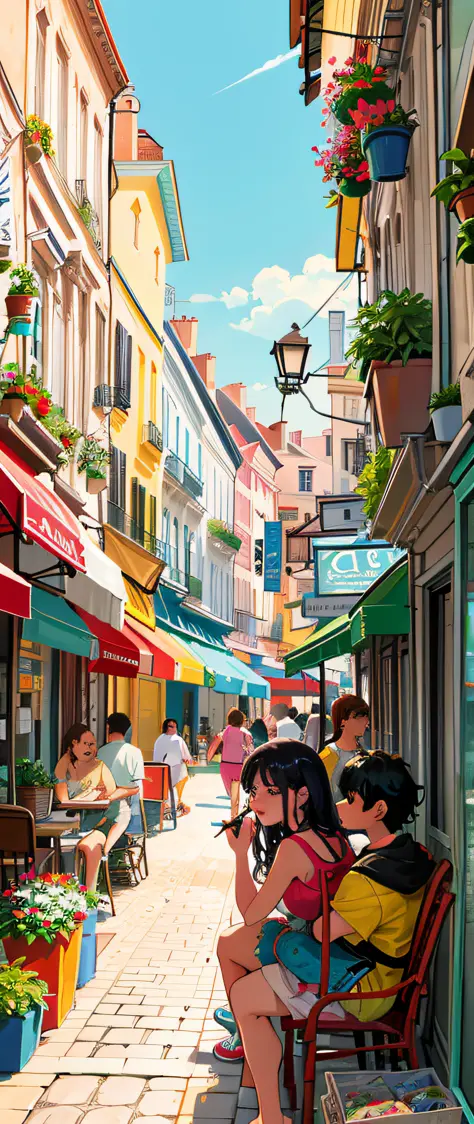 illustration of a summer scene, famous rue de paris, with young people walking, sexy, happy and joyful, with pretty girls, by ra...