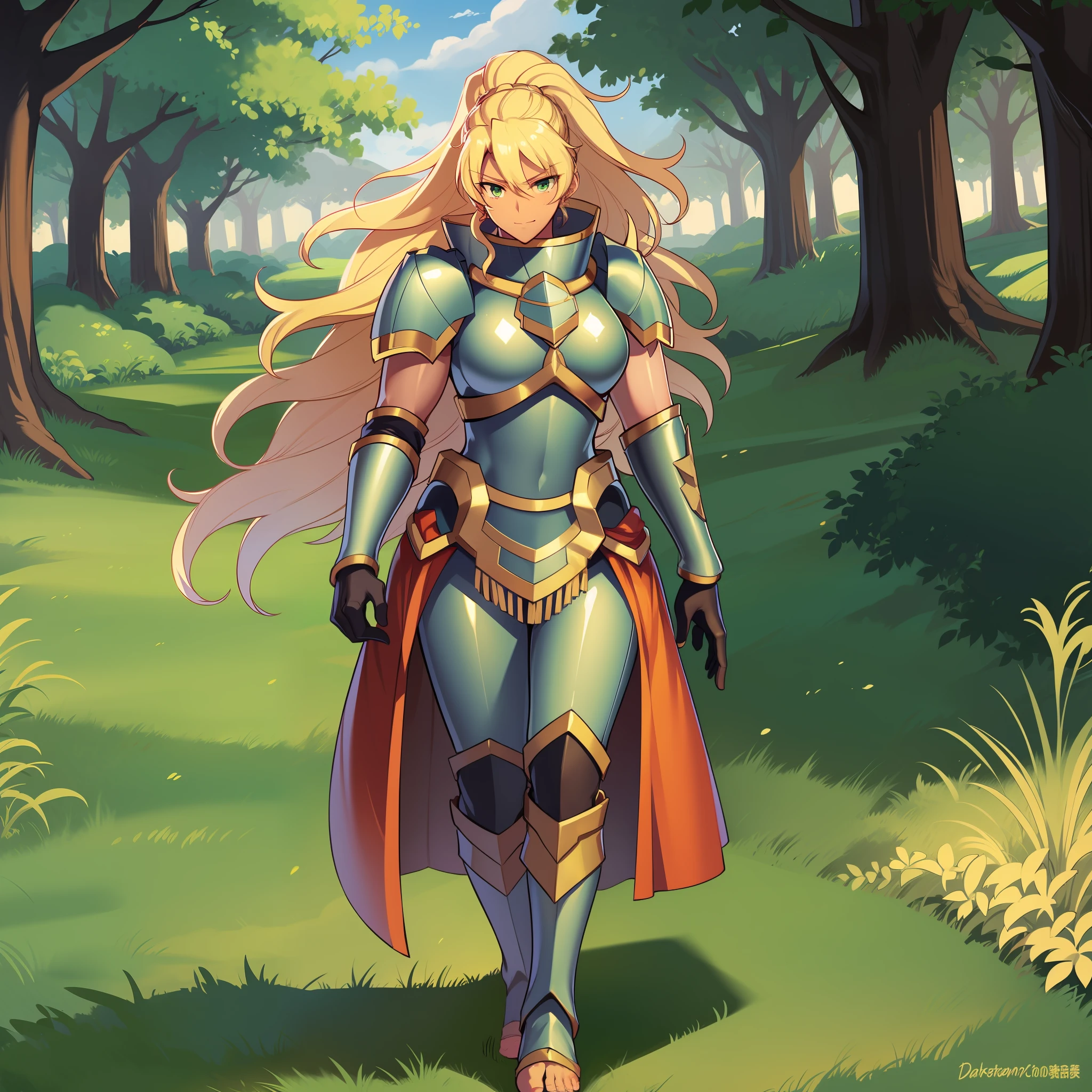 Muscle girl, dark-skinned woman, big chest, wings, happy,, coat jacket, pants, portrait, 1character, full body, walking, long dress, medieval, village, farm,, forest,flipflops,blond hair,, , coat, buttler, victorian cloths,lance holding, warrior, green eyes,smile