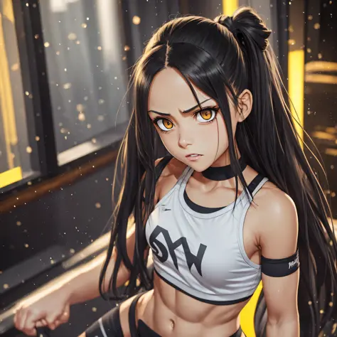 Hayate nagatoro, long straight hair, crouched in the dressing room with her hands behind her head, bright yellow eyes, full body...