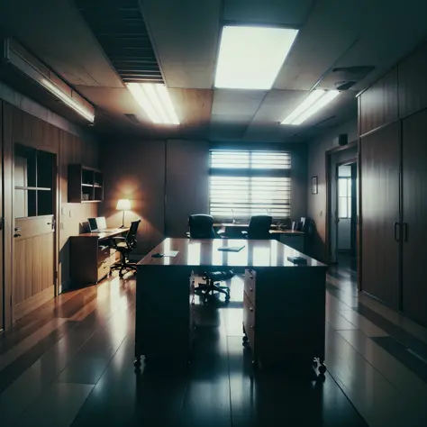 boss's room, with only one table in the center, empty office, angle showing the entire office room, with lighting coming from th...