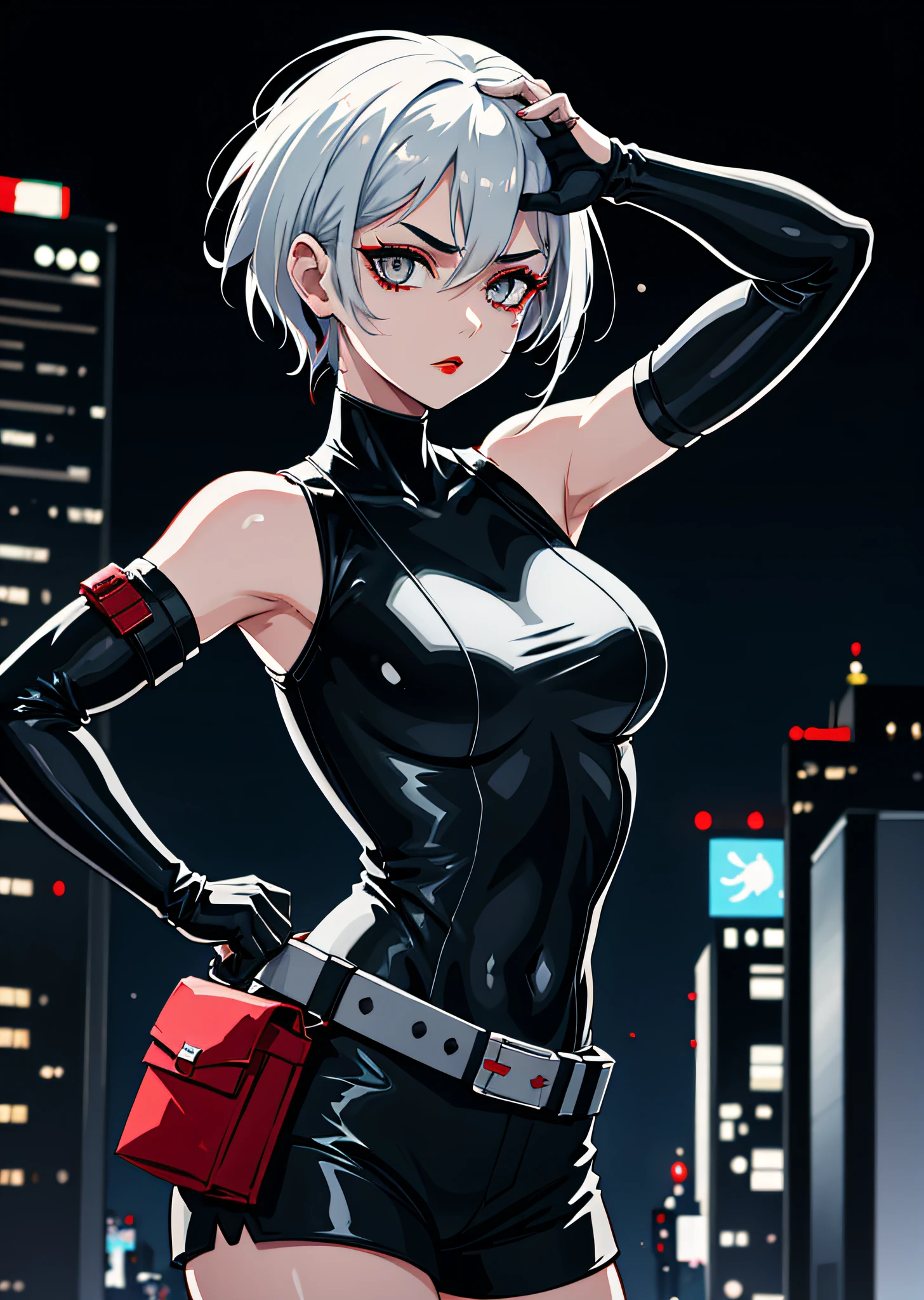 lucy \(cyberpunk\), 1girl, upper body, arm up, asymmetrical hair, belt, bodysuit, covered mouth, covered navel, detached sleeves, grey eyes, hip vent, holding, holding weapon, looking at viewer, night, night sky, pouch, short hair, sky, solo, weapon,white hair, wire, short shorts, shorts, open jacket ,(red eyeliner:1.2), (red lips:0.8)