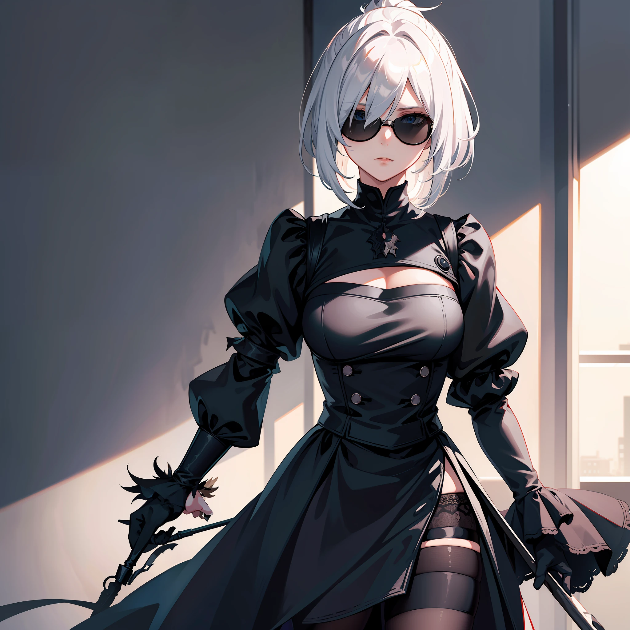 masterpiece, best quality, solo, (yorha no. 2 type b:1.14), (portrait:1.1), (upper body:1.1), medium breasts, expressionless, 1girl, solo, (ruffling hair, messy hair:1.1), medium hair, white hair, background inside the room, best quality, ultra detailed, 1girl, solo, standing, medium hair, fringes, white shirt, tie, long black skirt, black gloves, round black glasses, sunglasses,  totally black glasses, hiding the eyes, does not show the eyes, round glasses, hair stuck, ponytail bent, dramatic lighting