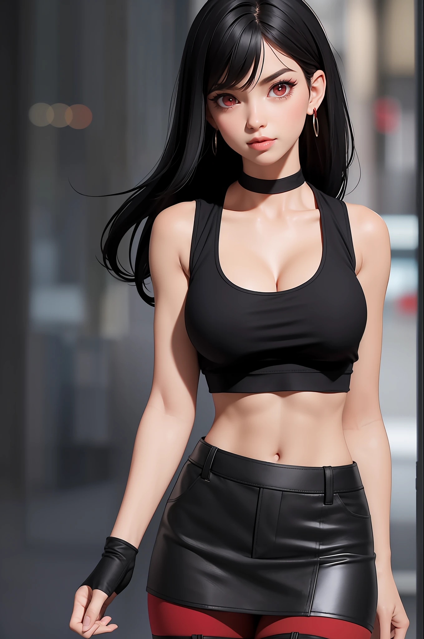 masterpiece, best quality,3d rending work ,3DMM style,close-up, 3D,1girl, solo, black hair, teardropshaped earrings, realistic, upper body, urban city background, bangs, long straight black hair, parted lips, choker, makeup, (white tank top:1.3), (red eyes:1.3) tifa lockhart, (perky breasts:1.5) cleavage, exposed stomach, toned abs, toned arms, (black miniskirt1.2) suspenders, stockings