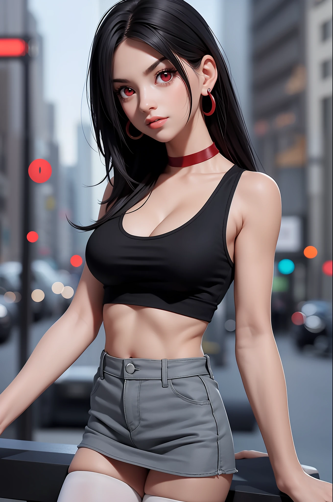 masterpiece, best quality,3d rending work ,3DMM style,close-up, 3D,1girl, solo, black hair, teardropshaped earrings, realistic, upper body, urban city background, bangs, long straight black hair, parted lips, choker, makeup, (white tank top:1.3), (red eyes:1.3) tifa lockhart, (perky breasts:1.5) cleavage, exposed stomach, toned abs, toned arms, (black miniskirt1.2) suspenders, stockings