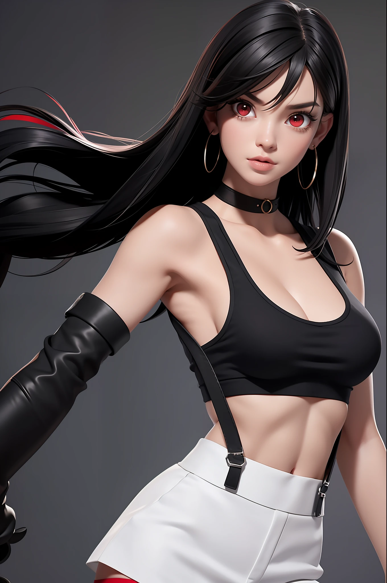 masterpiece, best quality,3d rending work ,3DMM style,close-up, 3D,1girl, solo, black hair, teardropshaped earrings, realistic, upper body, urban city background, bangs, long straight black hair, parted lips, choker, makeup, (white tank top:1.3), (red eyes:1.3) tifa lockhart, (perky breasts:1.5) cleavage, exposed stomach, toned abs, toned arms, (black miniskirt1.2) suspenders, stockings