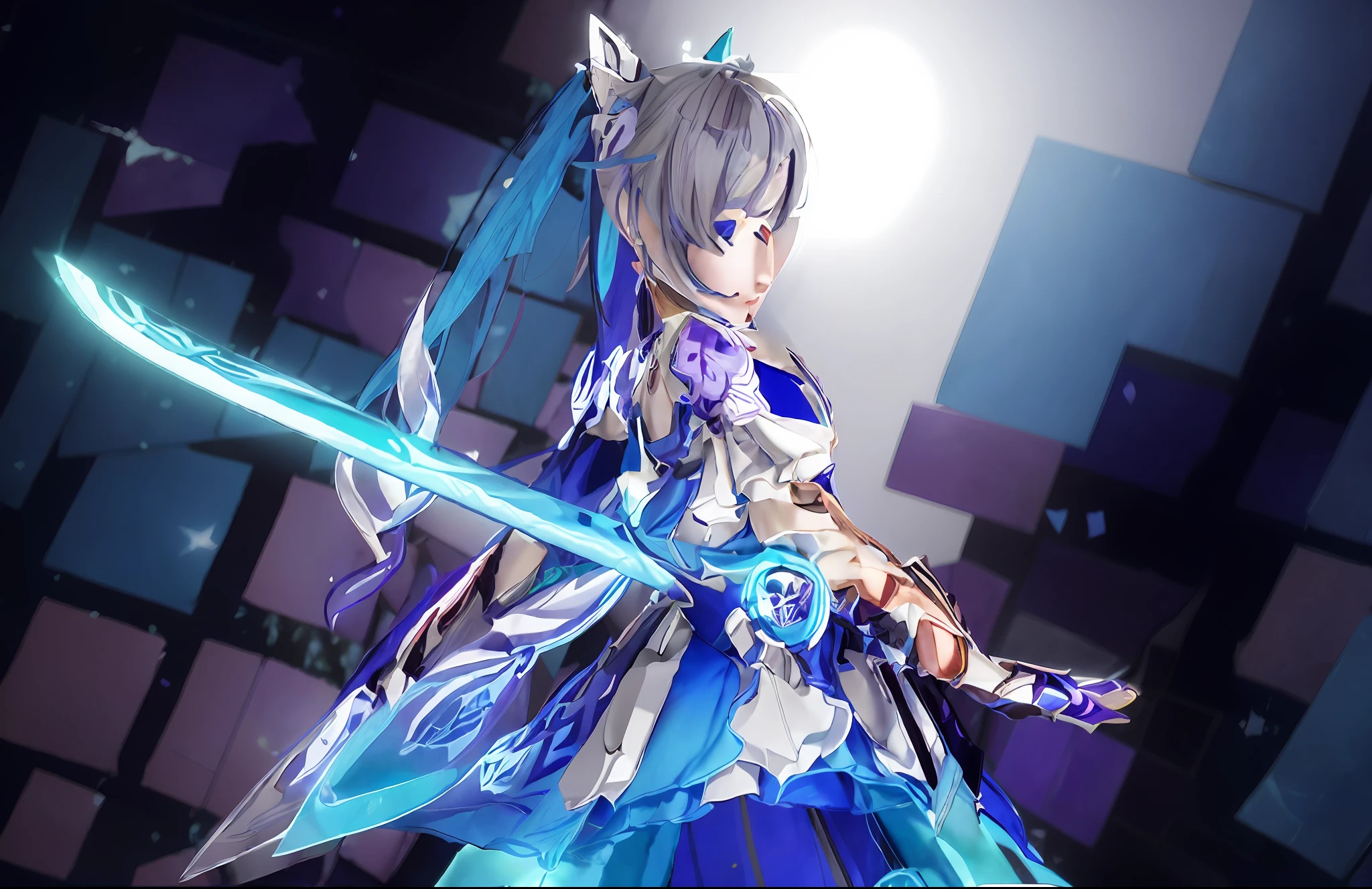 a woman in a blue dress holding a sword in front of a purple background, ayaka genshin impact, keqing from genshin impact, genshin impact character, ayaka game genshin impact, zhongli from genshin impact, katana zero video game character, genshin impact style, detailed key anime art, genshin, portrait knights of zodiac girl