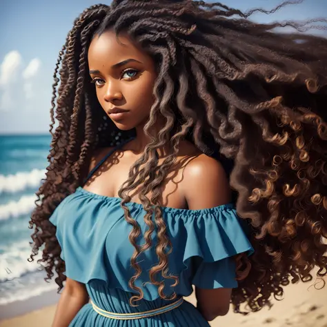 there is a black woman, long curly hair, walking on the edge of the beach, blue dress,masterpiece, absurdities, award-winning ph...