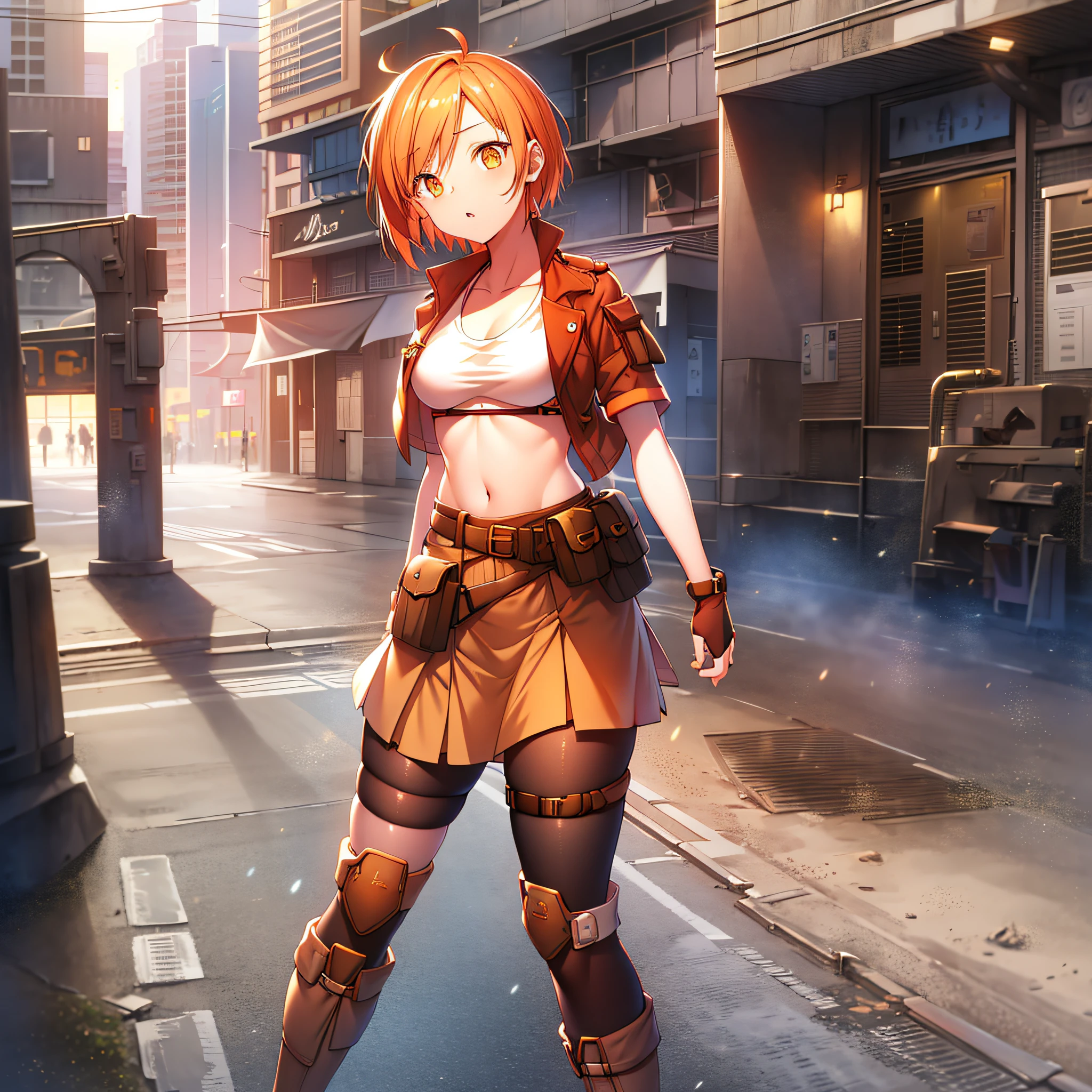 orange eyes light,richly faded light orange hair, anime 1girl, khaki t-shirt, khaki skirt, brown military boots, pouch on the waist belt, khaki bikini, "black tights", "dark_orange knee pad on right leg", night city