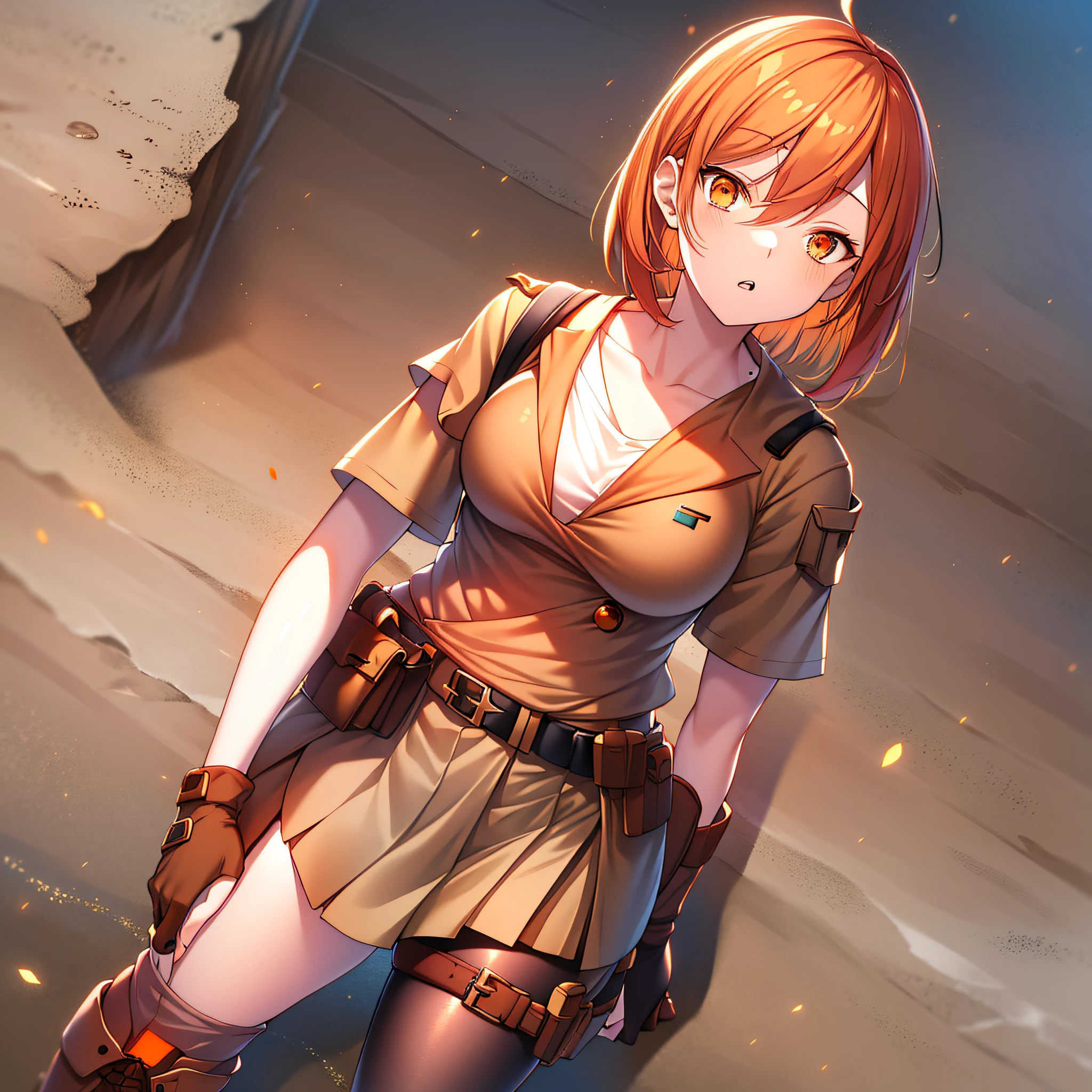 orange eyes light,richly faded light orange hair, anime 1girl, khaki t-shirt, khaki skirt, brown military boots, pouch on the waist belt, khaki bikini, "black tights", "dark_orange knee pad on right leg", night city