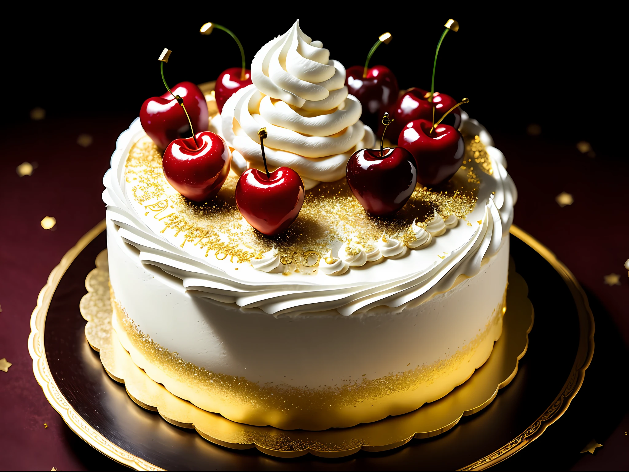 pastel de fantasía con mucha nata montada, cerezas, adornos dorados, fondo oscuro