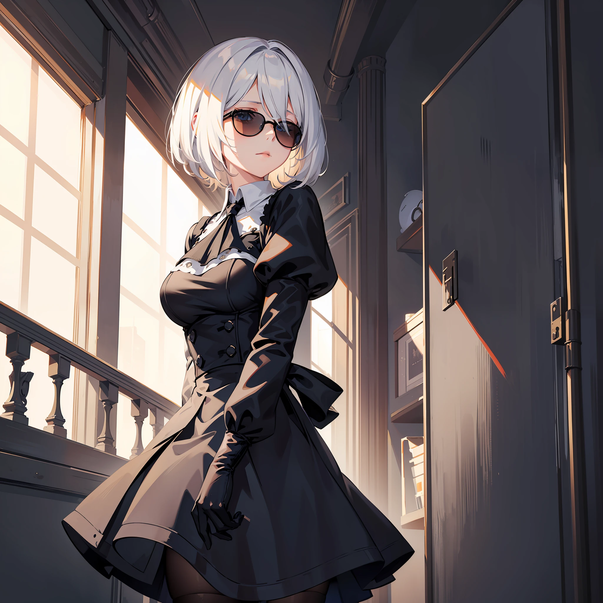 masterpiece, best quality, solo, (yorha no. 2 type b:1.14), (portrait:1.1), (upper body:1.1), medium breasts, expressionless, 1girl, solo, (ruffling hair, messy hair:1.1), short hair, white hair, bottom inside the room, best quality, ultra detailed, 1girl, solo, standing, medium hair, fringes, white shirt, tie, skirt, legwear, black gloves, round black glasses, sunglasses,  totally black glasses, hiding the eyes, does not show the eyes, round glasses