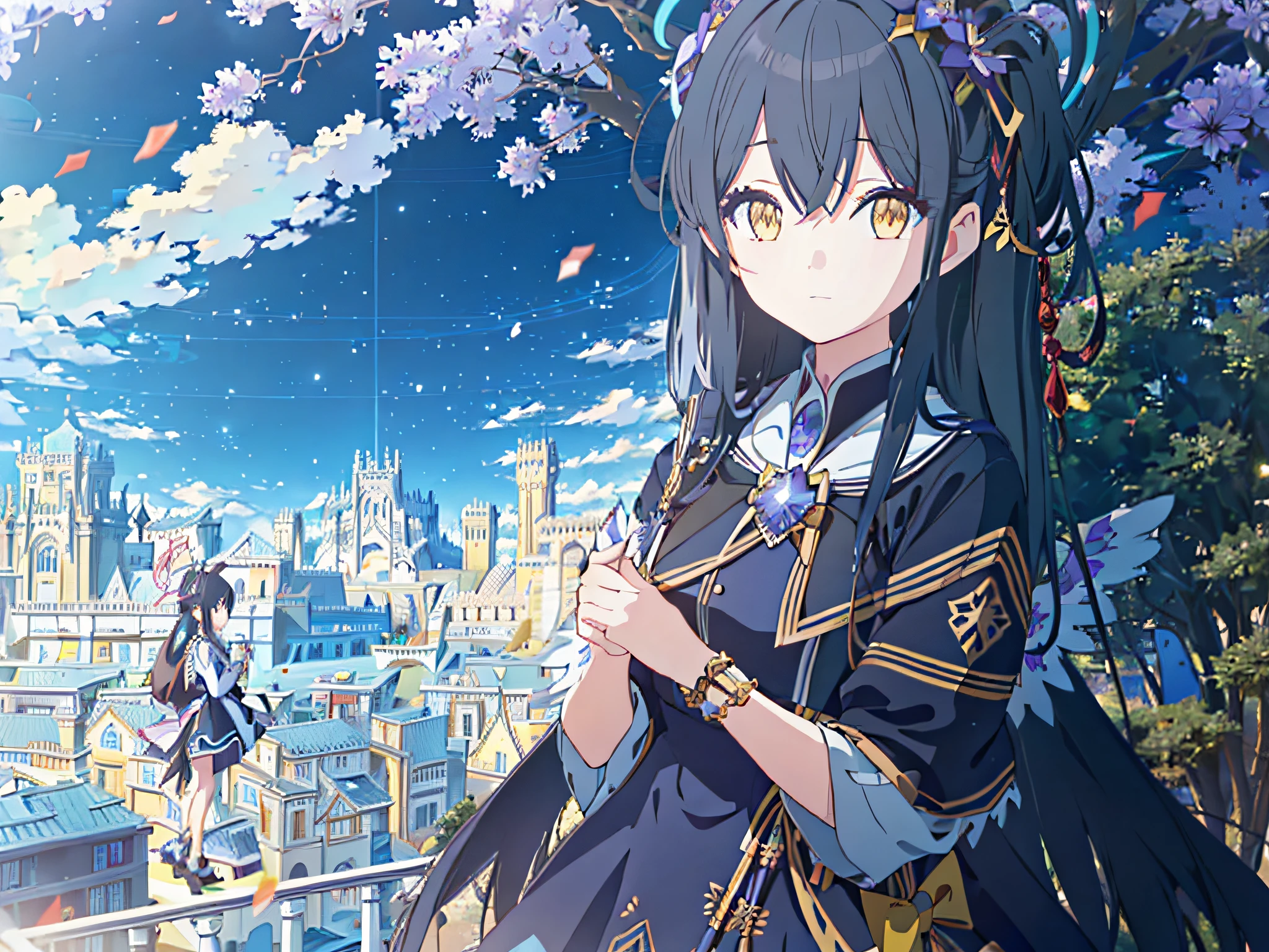 Matoba risa, (Masterpiece, vertex quality, Crazy Detail:1.4), little girl, twin tail, (fine beautiful black hair), (beautiful yellow eyes), (blue dress, THE IDOLM@STER CINDERELLA GIRLS my first star costume), (Lots of intricate decorative accessories AND ornaments), (Outline), (Magnificent views, outdoors, Oxford churches),(Beautiful Iris: 1.4),,Matoba Risa