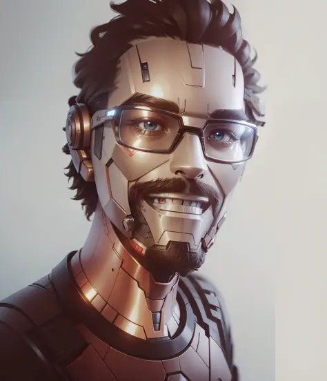 Man looking at the camera smiling, with glasses.create an ultra realistic robot with shiny metal texture, similar to the physica...