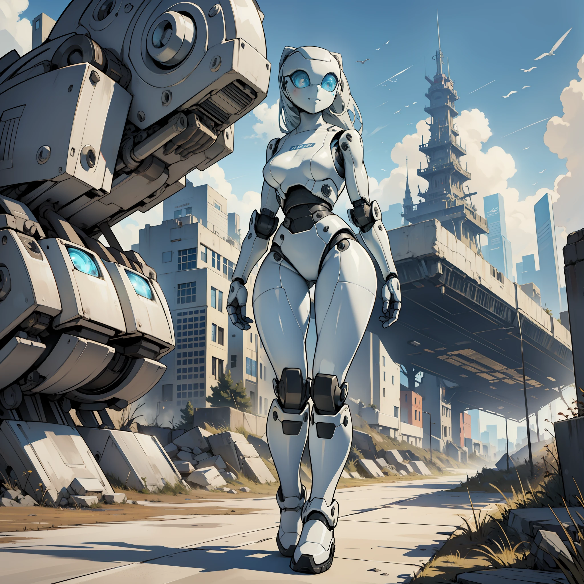 Beautiful and detailed image, drossel, boots, woman, robot, smile, blue eyes, looking at the viewer, small breasts, 4k, masterpiece, best quality, solo, single character, high detail, (no mouth), big eyes, full-length, future, science fiction, legs, metal hair, huge dump, standing on his feet, excavator, grim, tower, mountains of garbage, car skeletons, fire