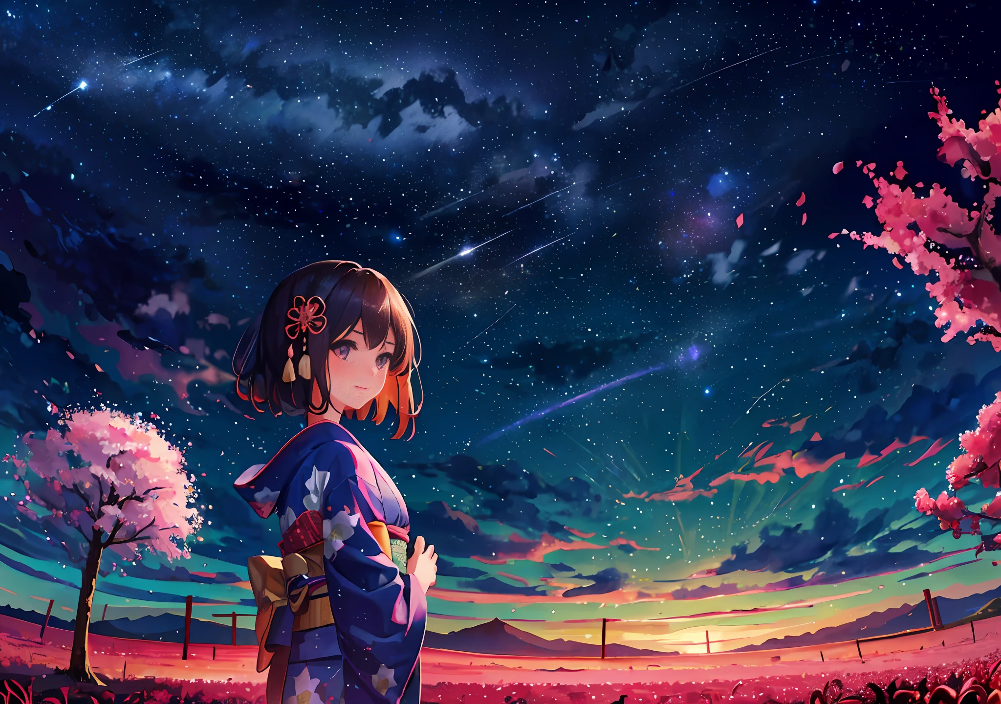 1girl, distant girl wearing a kimono looking at the stars, (widescreen 16x9) (meteor shower:1.2), (comet:1.1), her name, low angle, back, boreal aroura, shooting star, yukata, kimono red, cherry blossoms, standing in a field, best quality, masterpiece, cloud, colorful, starry, stars,