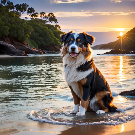 Australian Shepherd in a beach landscape pool of clear and transparent water sunset ultra realistic photo 4k --auto --s2
