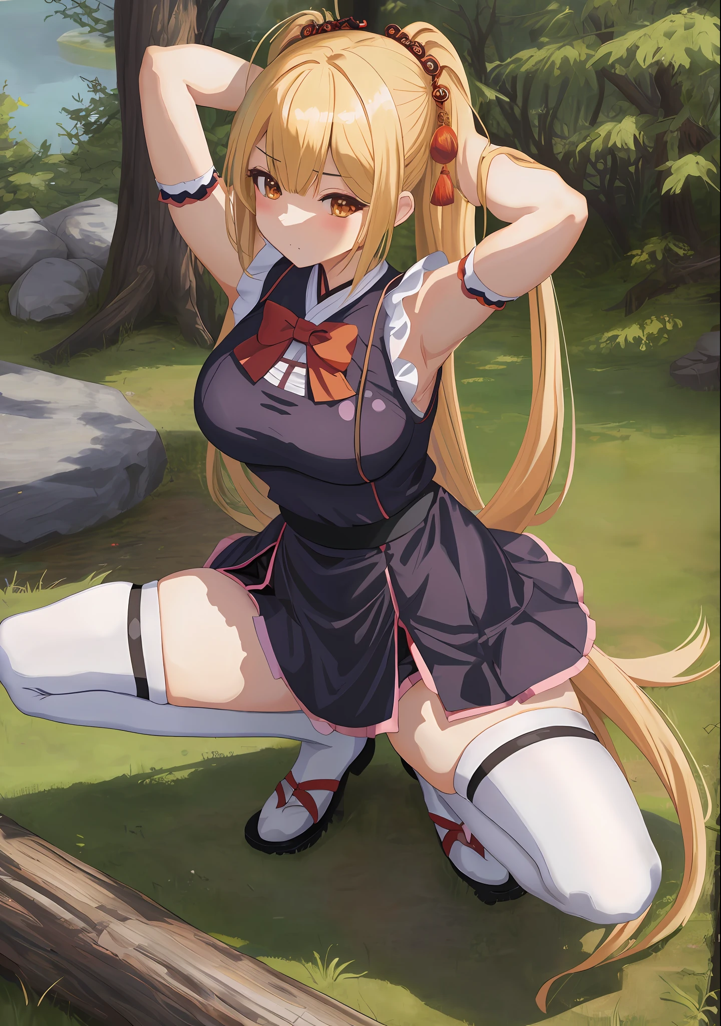 Anime girl with long blonde hair sitting on a log in a field - SeaArt AI