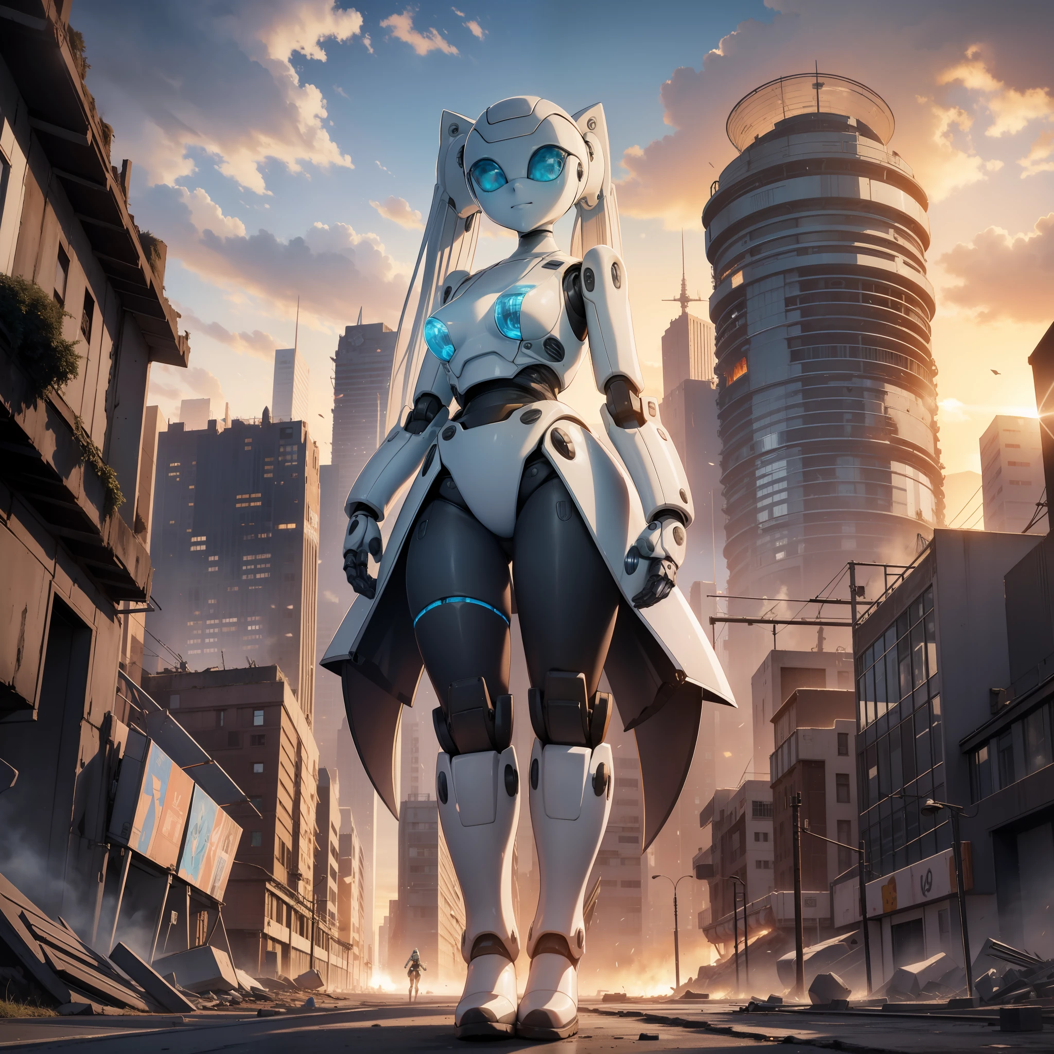 Beautiful and detailed image, drossel, twintail, boots, woman, robot, smile, blue eyes, looking at the viewer, small breasts, 4k, masterpiece, best quality, solo, single character, high detail, (no mouth), big eyes, full-length, future, science fiction, legs, metal hair, huge dump, standing on its feet, excavator, grim, tower, mountains of garbage, wrecked cars, fire, smoke, ruined city, sunset,  evening, ruins of the city, anime character, android, robot, sfw