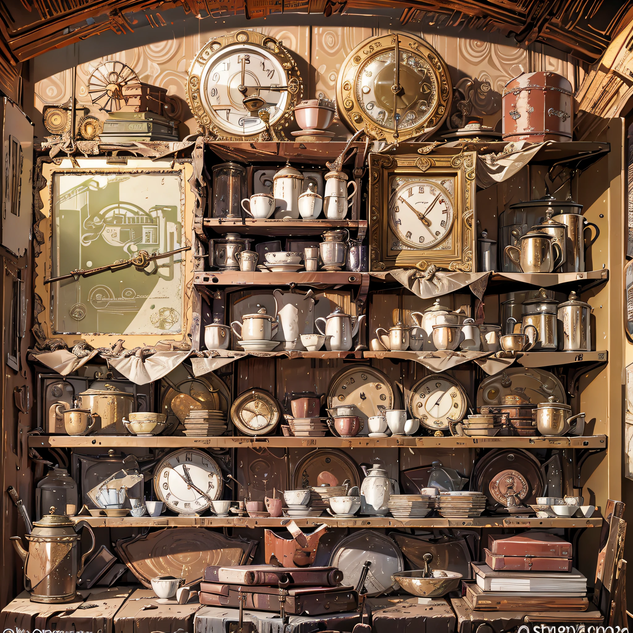 A time traveler's belongings and souvenirs from different eras, displayed on shelves and cabinets in a dusty Victorian room, grimy but ornate. --auto --s2