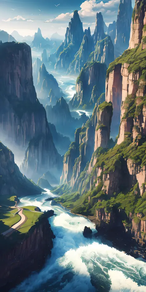 Masterpiece, Top quality, High quality, Highly detailed CG unity 8k wallpaper, Scenery, Outdoors, Sky, Clouds, Sun, No people, Mountains, Scenery, Water, Trees, Blue sky, Waterfalls, Cliffs, Nature, Lakes, Rivers , cloudy sky, award-winning photography, bo...
