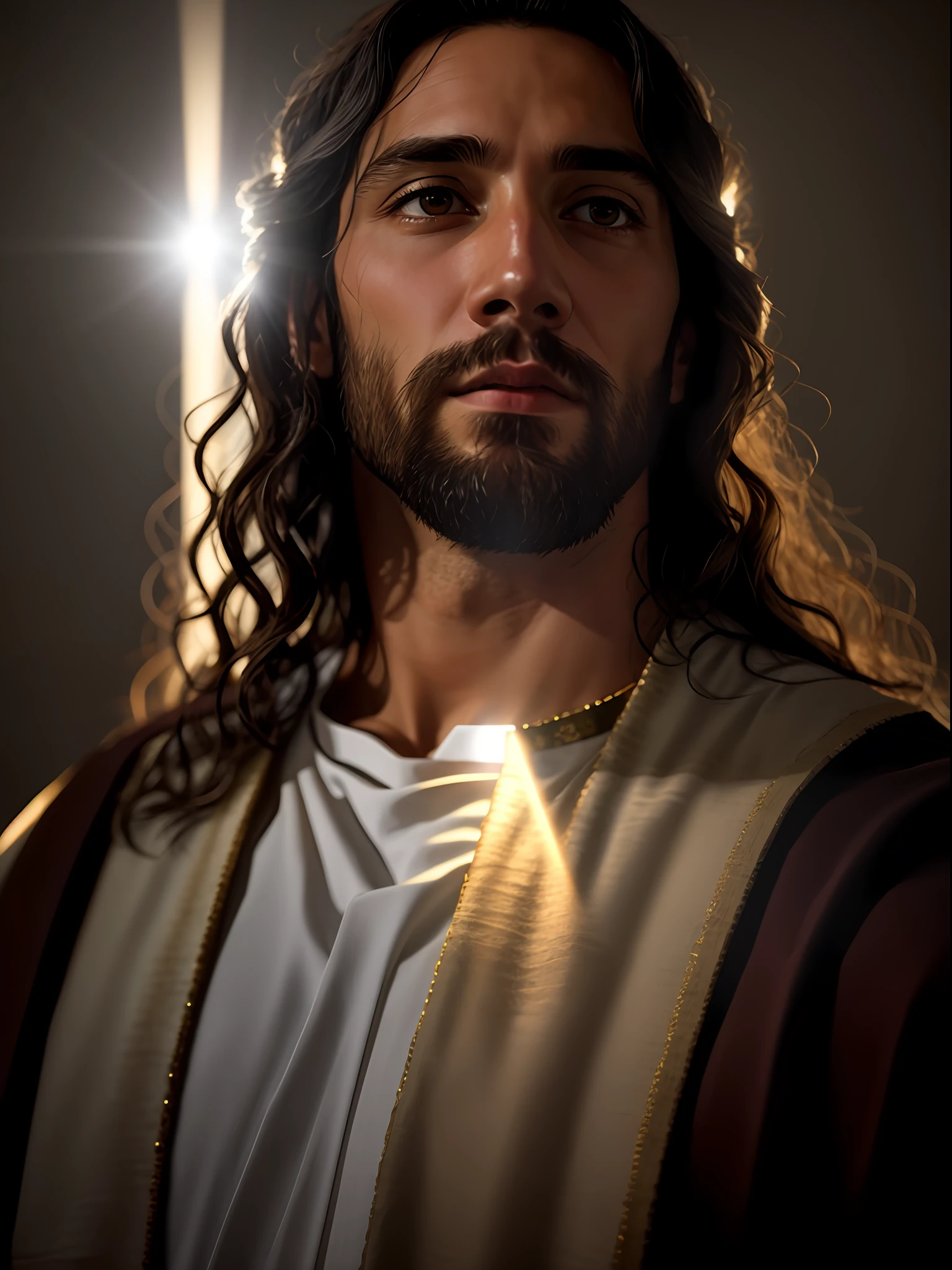 adicionar_detalhe:1, imagem realista de Jesus Cristo, adicionar_detalhe:luz e luz distante do céu acima da cabeça