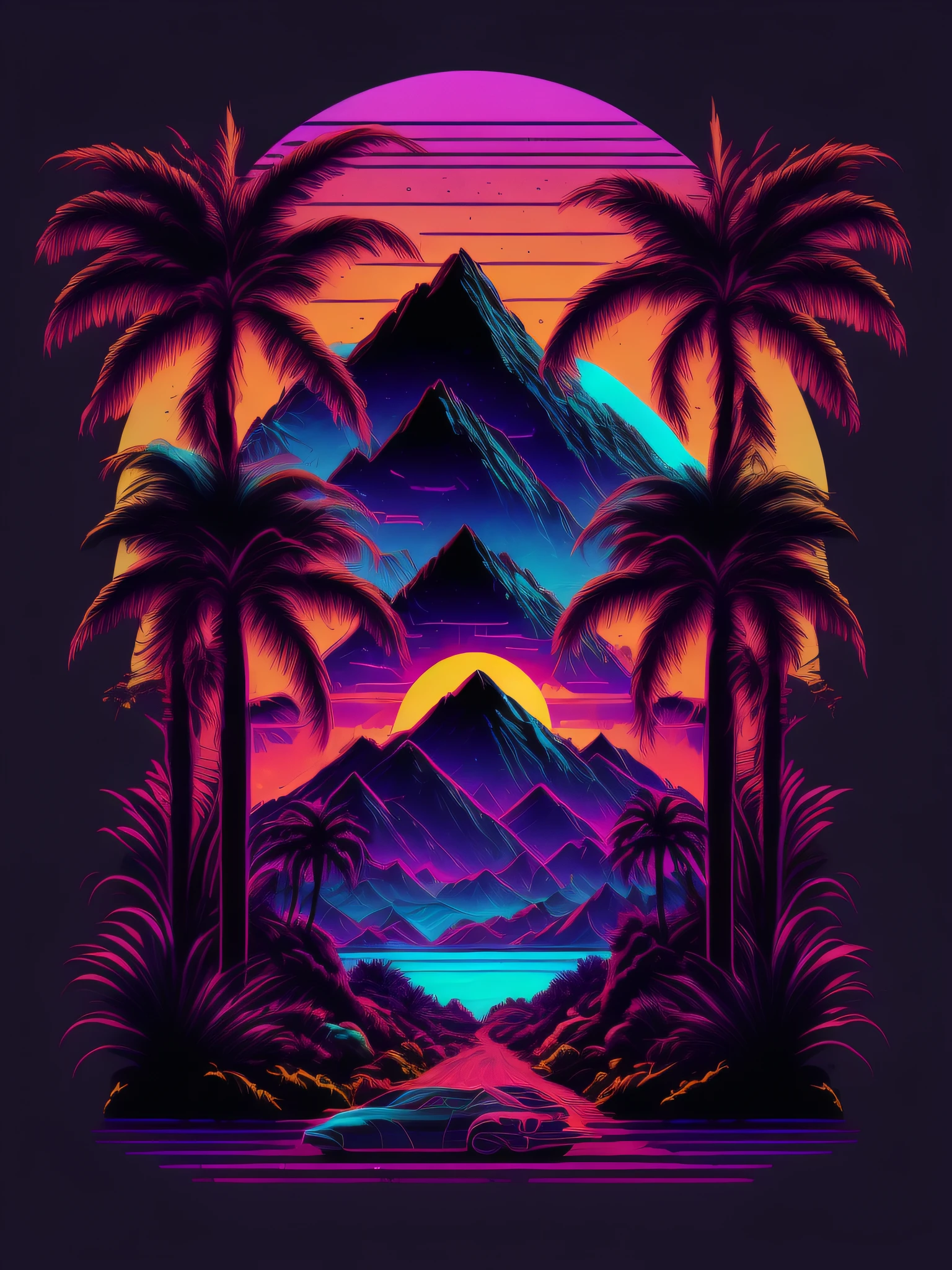 montagnes, palmiers et soleil, vectorisé, synthwave, violet bleu rouge orange, couleurs néon vives sur fond sombre,