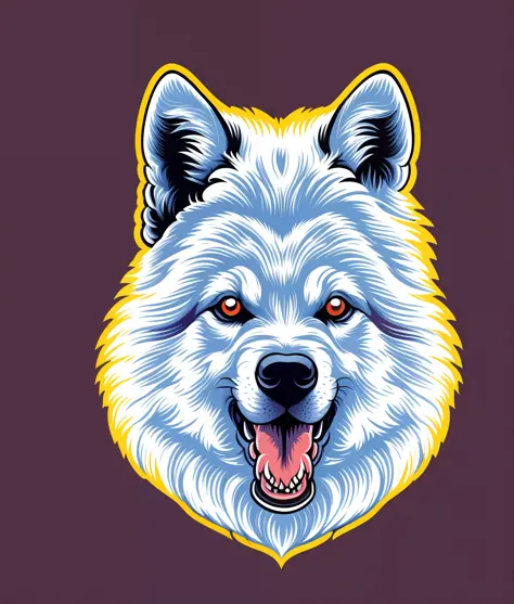 samoyeda breed dog, colorful, vintage style, (t-shirt design), realistic volumetric light of masterpiece