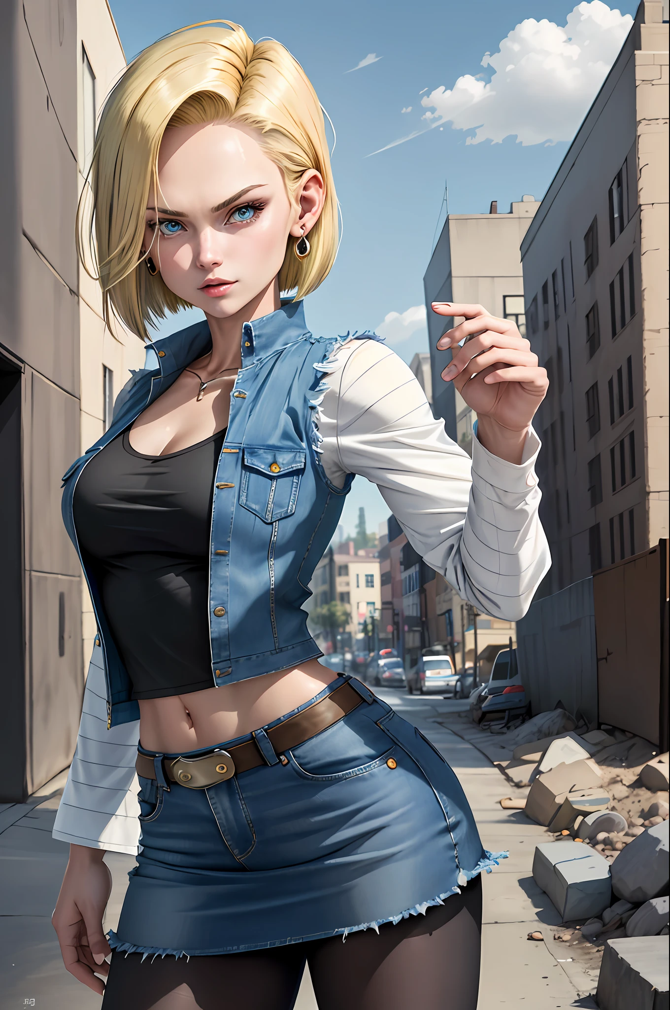 beste Qualität, highres, UND18, 1 Mädchen, android 18, Allein, Blondes Haar, blaue Augen, Kurzes Haar, Ohrringe, Schmuck, Jeanskleid, offene Weste, schwarze Strumpfhose, schwarzes Shirt, Jeansrock, gestreifte lange Ärmel, blauer Rock, mittlere Brüste, Cowboy-Schuss, Straße, (Äußerlich erweiterte Brust: 1.2)