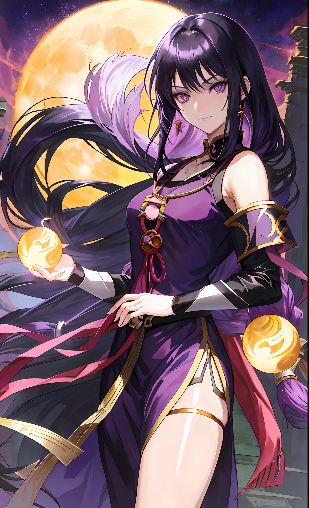 anime character with long hair and purple eyes in front of a full moon, beautiful girl, black - haired mage, anime portrait of a handsome man, anime girl, female anime character, kentaro miura manga art style, sengoku - era art style, male anime style, ilya kuvshinov with long hair, roguish smirk