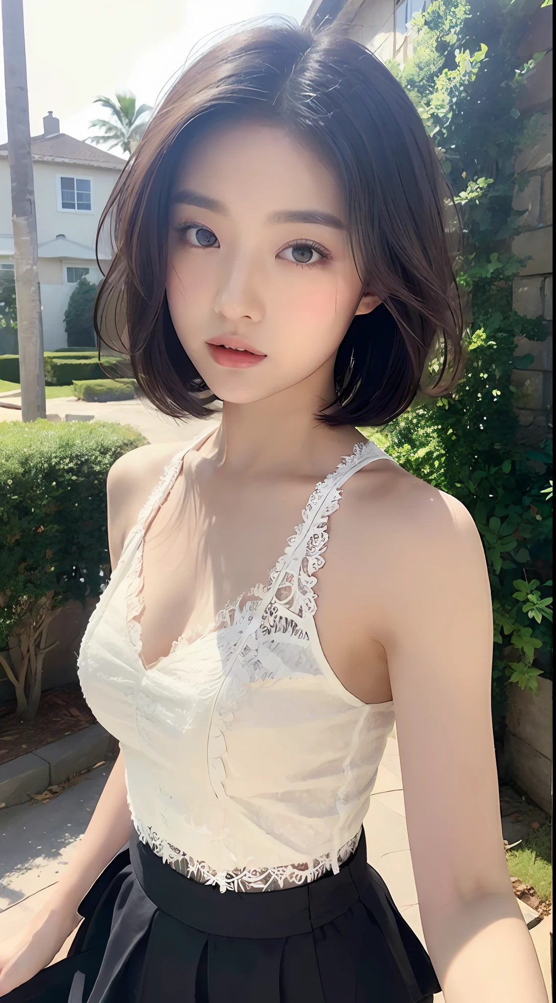 ((Best Quality, 8K, Masterpiece: 1.3)), (Lace Top with Skirt: 1.3), Focus: 1.2, Perfect Body Beauty: 1.4, Buttocks: 1.2, ((Layered Haircut: 1.2)), (Dark Street: 1.3), Highly detailed face and skin texture, detailed eyes, double eyelids, whitening skin, layered short hair,