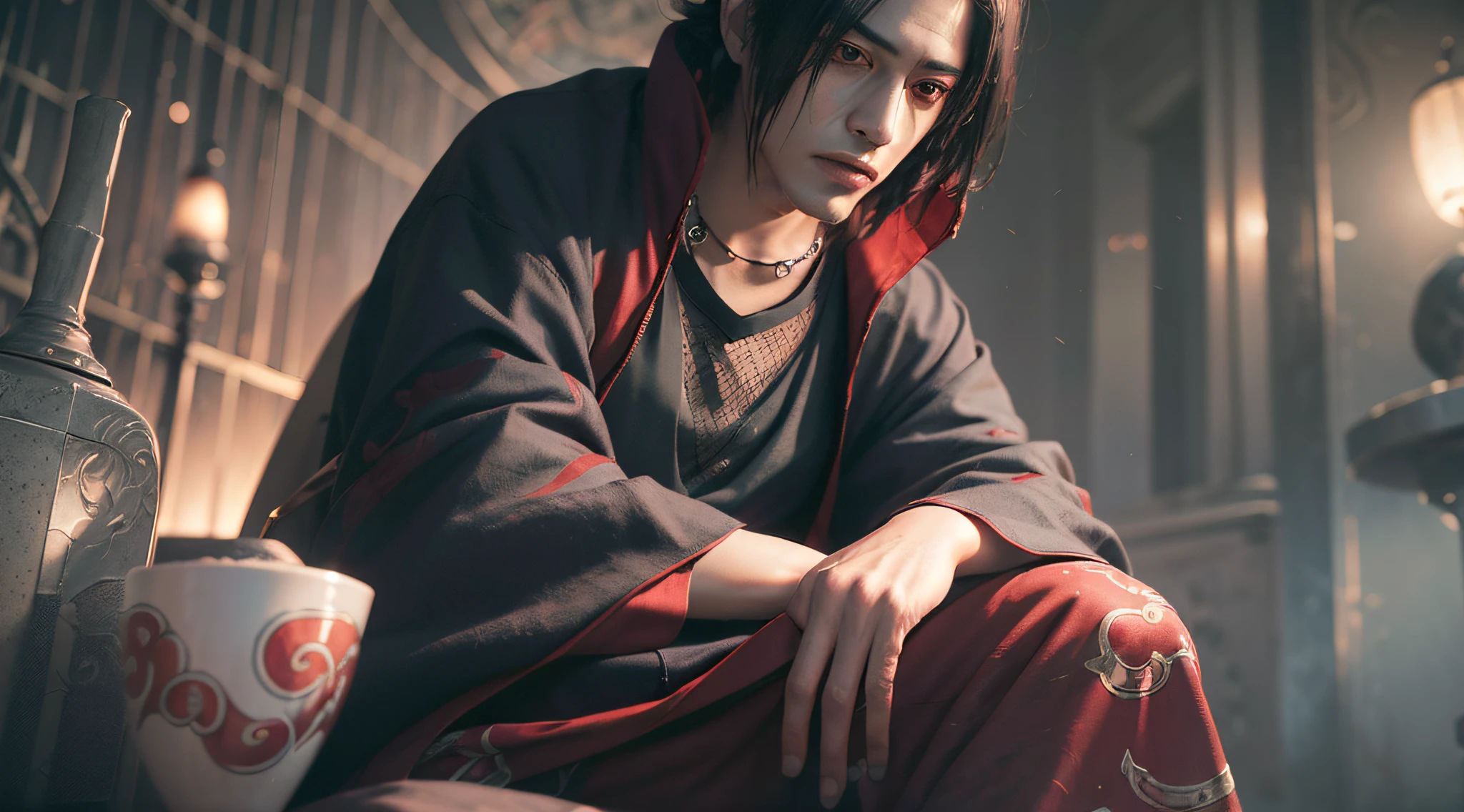 ((masterpiece))), (((best quality))), ((ultra-detailed)), (hyper-realistic), highly detailed), cinematic light, photorealistic, uchiha itachi as a king sitting on an intricate throne