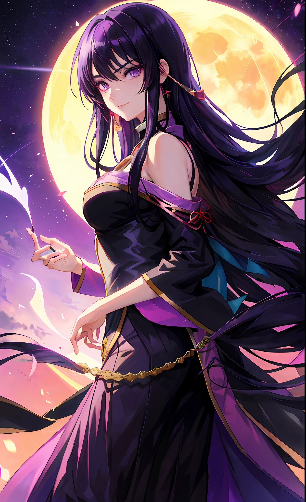 anime character with long hair and purple eyes in front of a full moon, beautiful girl, black - haired mage, anime portrait of a handsome man, anime girl, female anime character, kentaro miura manga art style, sengoku - era art style, male anime style, ilya kuvshinov with long hair, roguish smirk