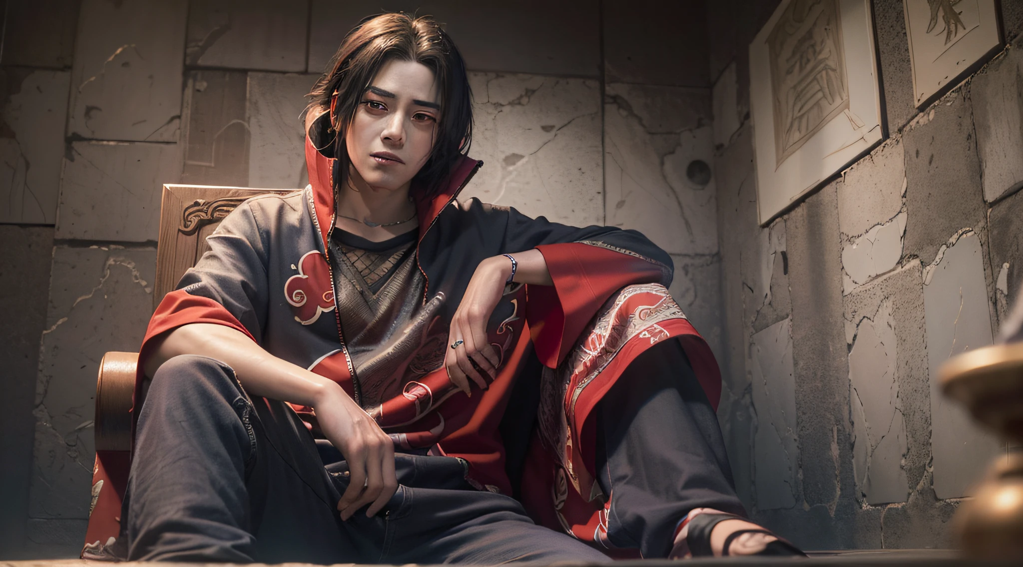 ((masterpiece))), (((best quality))), ((ultra-detailed)), (hyper-realistic), highly detailed), cinematic light, photorealistic, uchiha itachi as a king sitting on an intricate throne