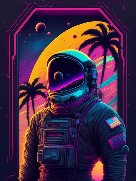 a man in a space suit standing in front of a doorway, portal to outer space, looking out into space, neon landscape, masterpiece...