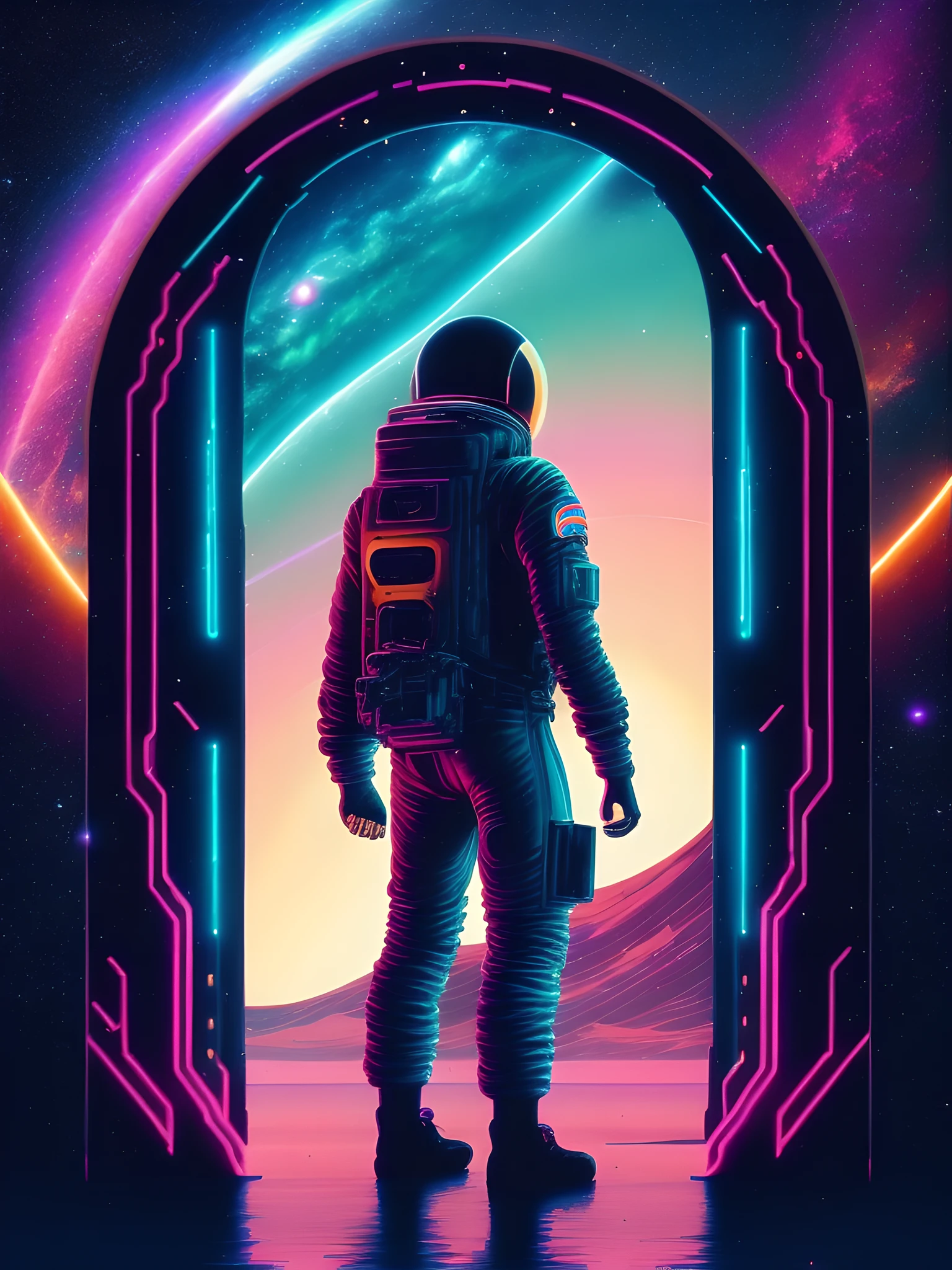 Ein Mann im Raumanzug steht vor einer Tür, portal to Weltraum, Blick in den Weltraum, Neonlandschaft, masterpiece epic retrowave kunst, epic retrowave kunst, Synthwave Art style, retrowave kunst, schöne Kunst uhd 4k, Outrun-Kunststil, Retrowave-Epos-Kunst, Dampfwelle,Retro-Welle, Synthwave Art, Outrun-Stil und Farben,jen bartel,surrealer Raum,Fantasiewelten, Weltraum.