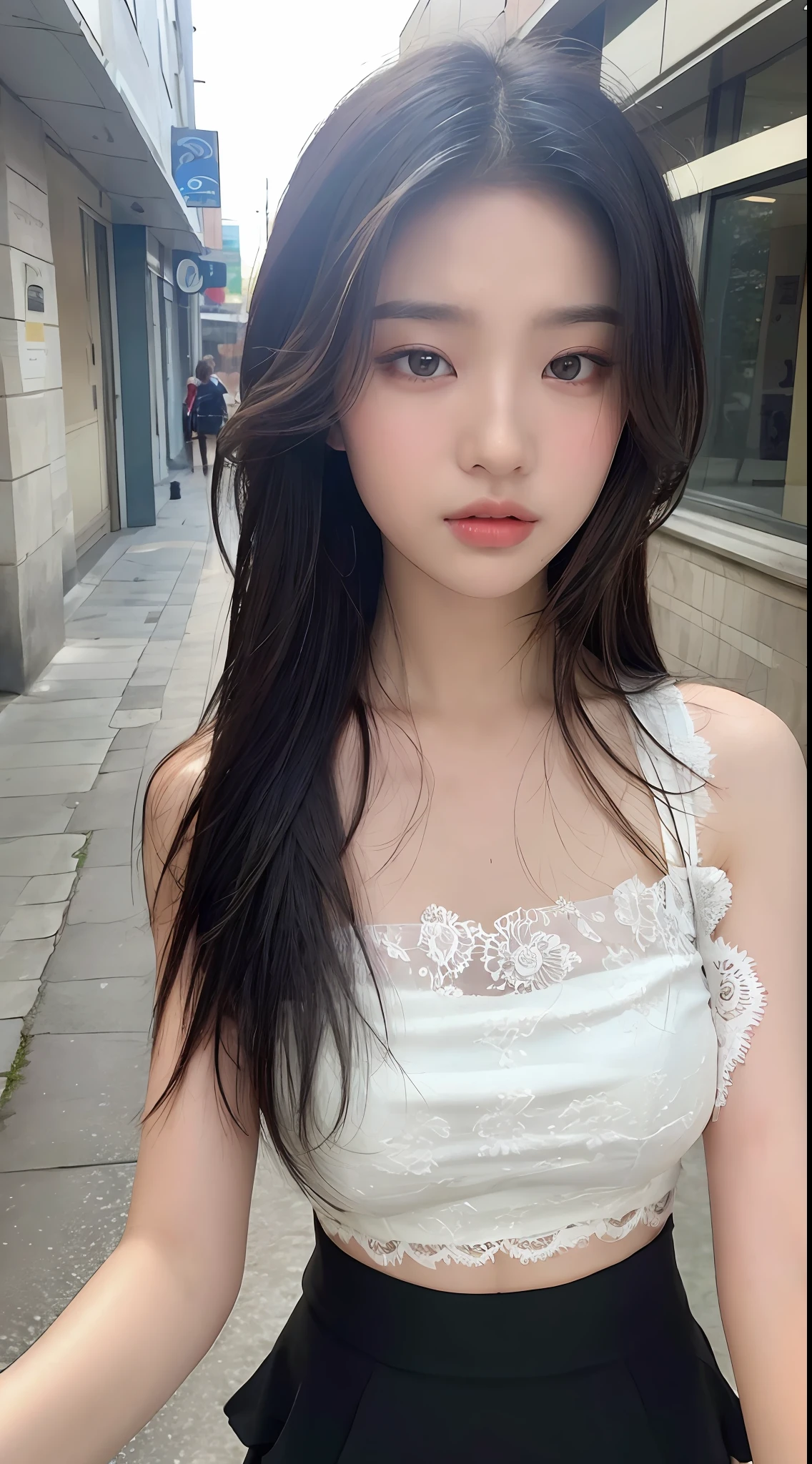 ((Best Quality, 8K, Masterpiece: 1.3)), Sharp: 1.2, Perfect Body Beauty: 1.4, Slim Abs: 1.2, ((Layered Hairstyle, :1.2)), (Lace Top with Skirt: 1.3), (Street: 1.2), Wet: 1.5, Highly detailed face and skin texture, Fine eyes, double eyelids, looking directly at the camera