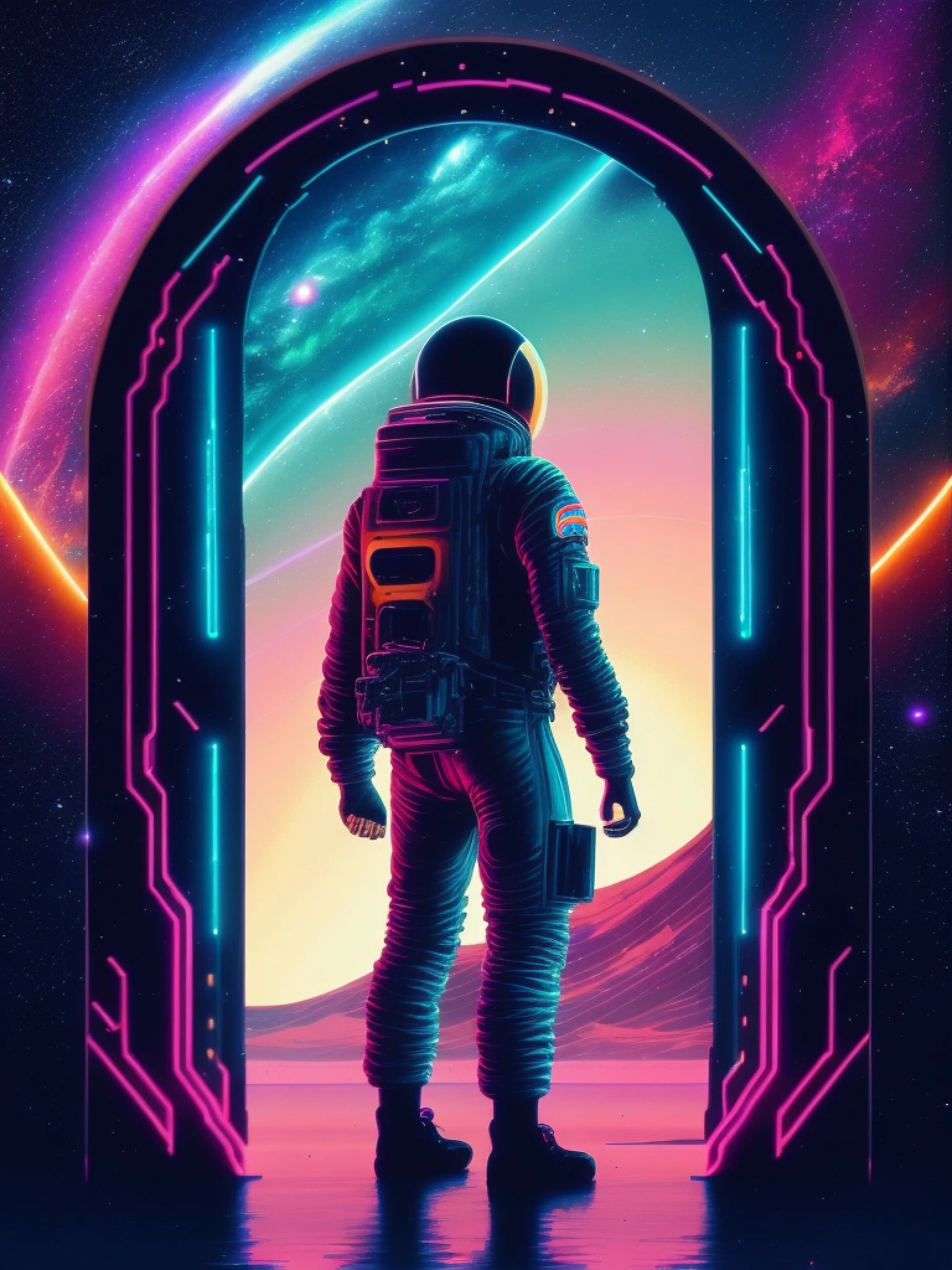 a man in a space suit standing in front of a doorway, portal to outer space, looking out into space, neon landscape, masterpiece epic retrowave art, epic retrowave art, synthwave art style, retrowave art, beautiful art uhd 4 k, outrun art style, retrowave epic art, vaporwave,retro wave, synthwave art, outrun style and colours,jen bartel,surreal space,fantasy space, outer space.