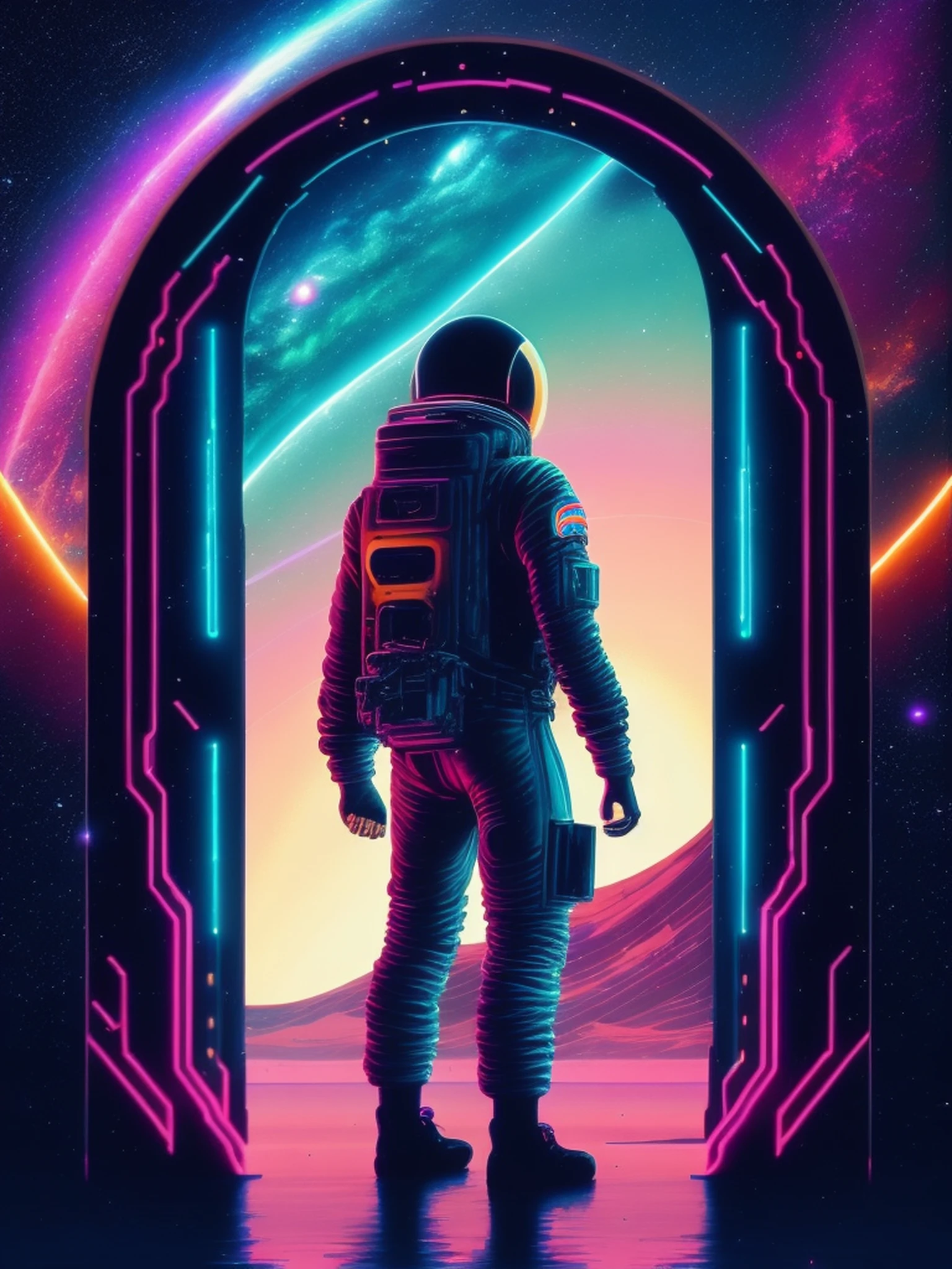 um homem em um traje espacial parado na frente de uma porta, portal to espaço sideral, olhando para o espaço, paisagem de néon, masterpiece epic arte retroonda, epic arte retroonda, arte synthwave style, arte retroonda, Bela arte UHD 4K, superar o estilo de arte, arte épica retrowave, onda de vapor,onda retrô, arte synthwave, superar estilo e cores,só uma piada,espaço surreal,Espaço de fantasia, espaço sideral.