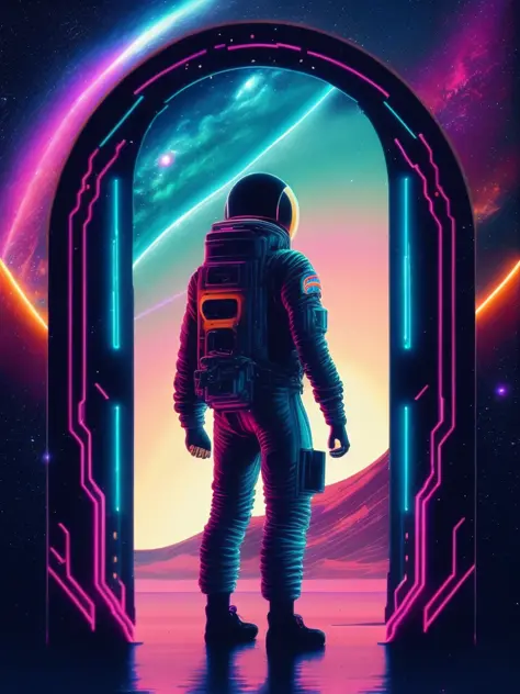 a man in a space suit standing in front of a doorway, portal to outer space, looking out into space, neon landscape, masterpiece...