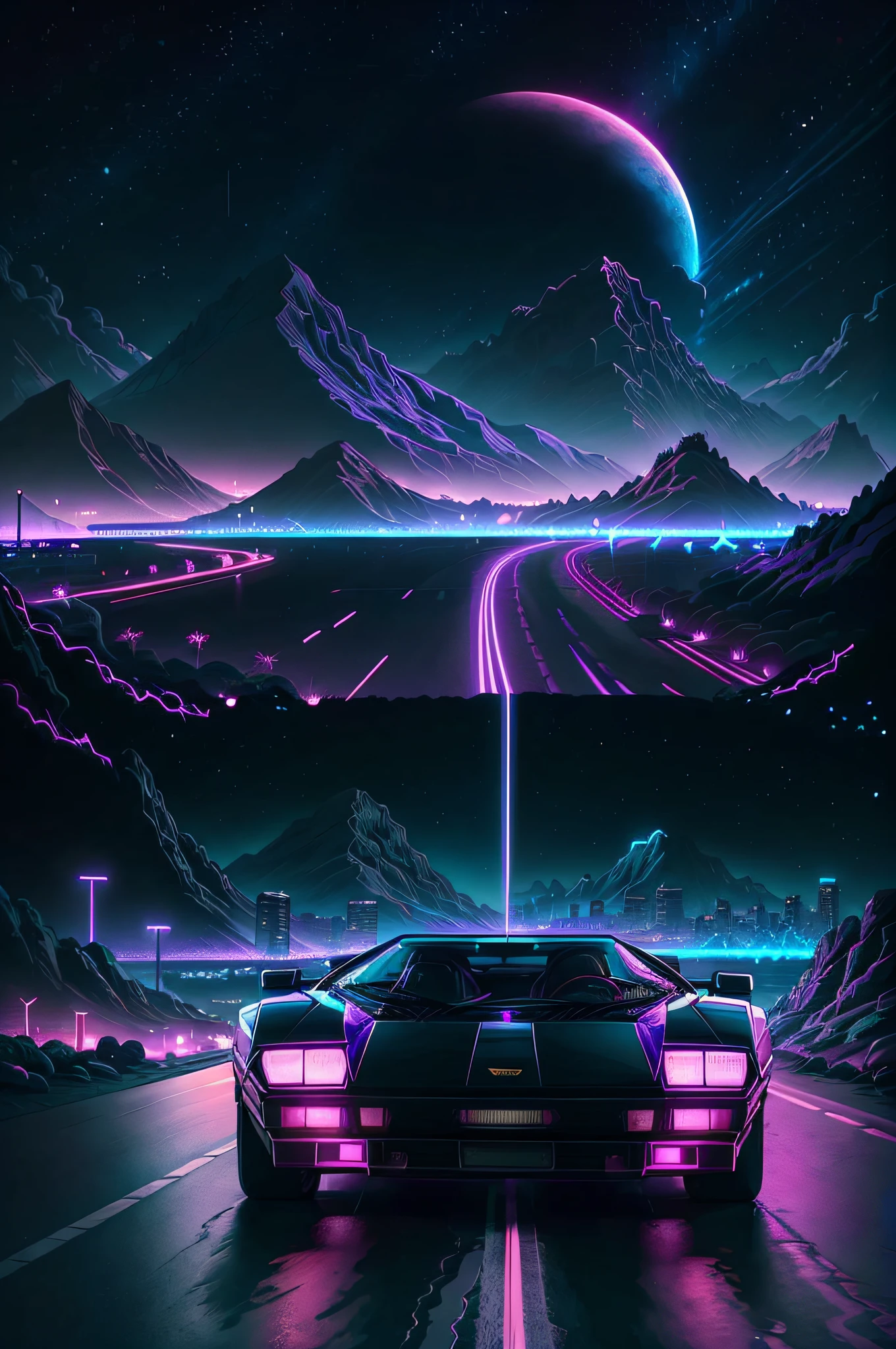 rétroonde. ville, voiture Lamborghini Countach, route, néons violets et bleus, soleil nocturne au néon, montagne, (chef-d&#39;œuvre, détaillé, haute résolution), léger et grincheux, effet couverture en vinyle antique, 8k, 80's, pochette du CD, projet artistique professionnel, super détaillé, synthwave, électro rétro, par Kavinsky, par la nouvelle vague rétro, Fait main